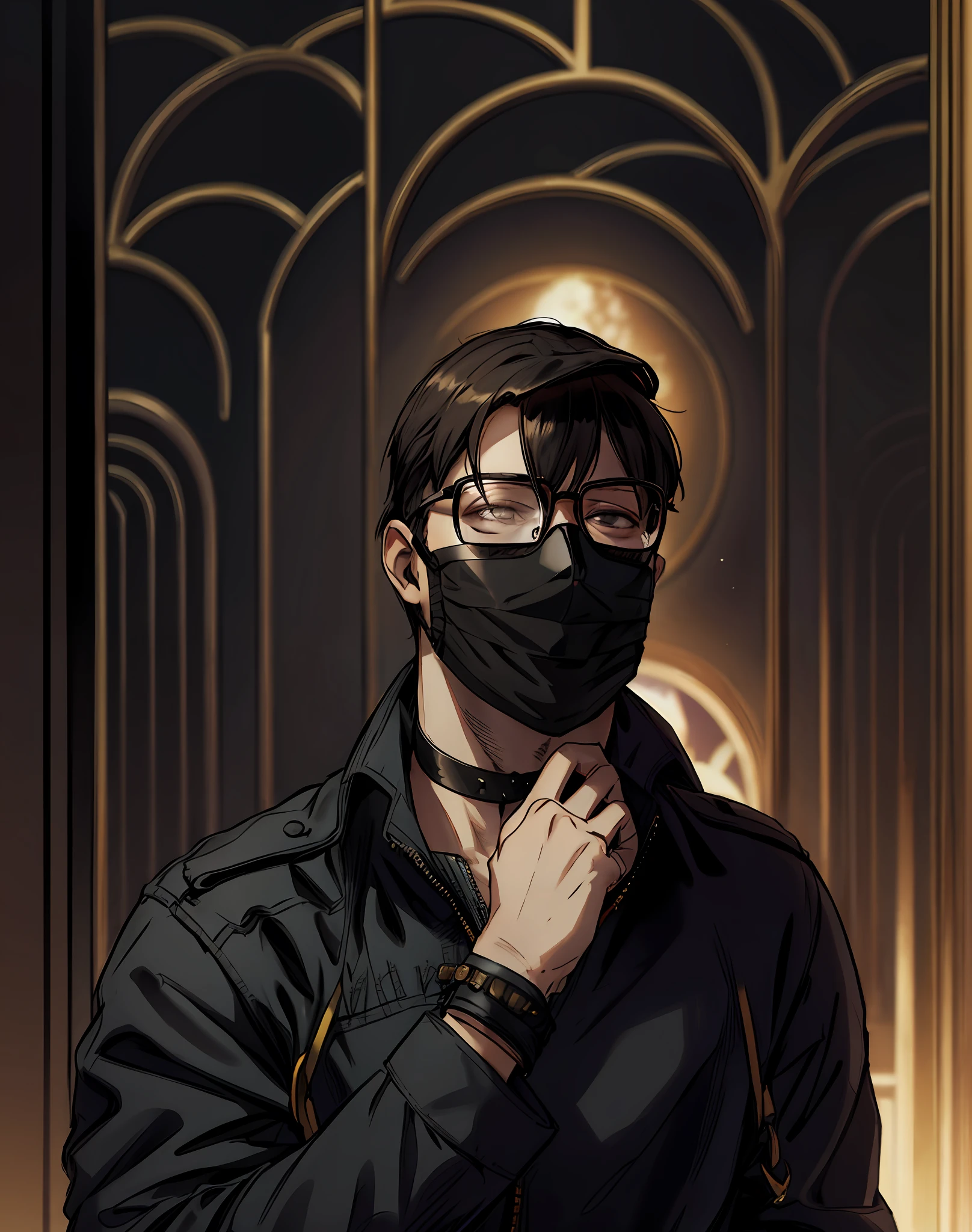 Young male, choker, gloves, glasses, cute, face mask , pulse check, braslet,