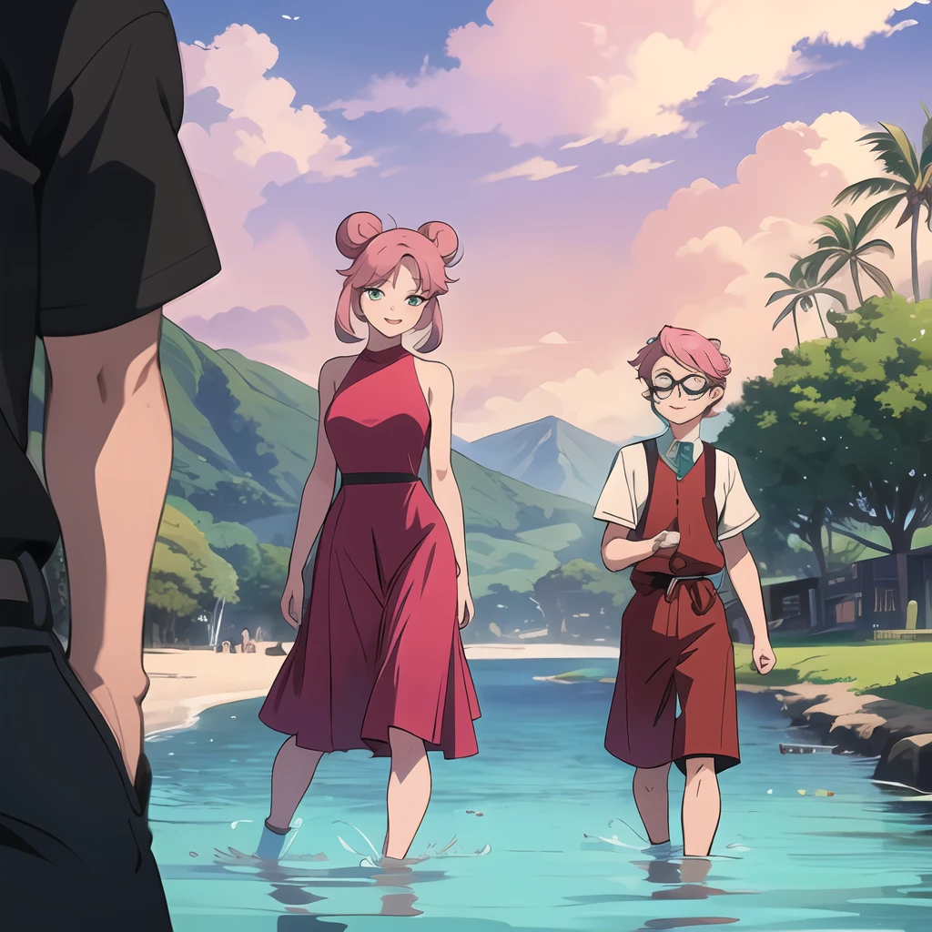 smile, 1 boy and 1 girl, 1 young and shorty boy with mullet haircut, he is cute, slim and small like 5 feet tall, next to him a young, shy, beautifull and tall girl with small eyes, she is like 6 feet tall, "Side buns" pink pigtails hair, ((girl glasses)), big lips, vintage 90's anime, walking in the streets of Hawaii, esmerald and turquesa colors landscape; pastel green water, theres just 2 persons in the scene, higly detailed faces, well drawing hands