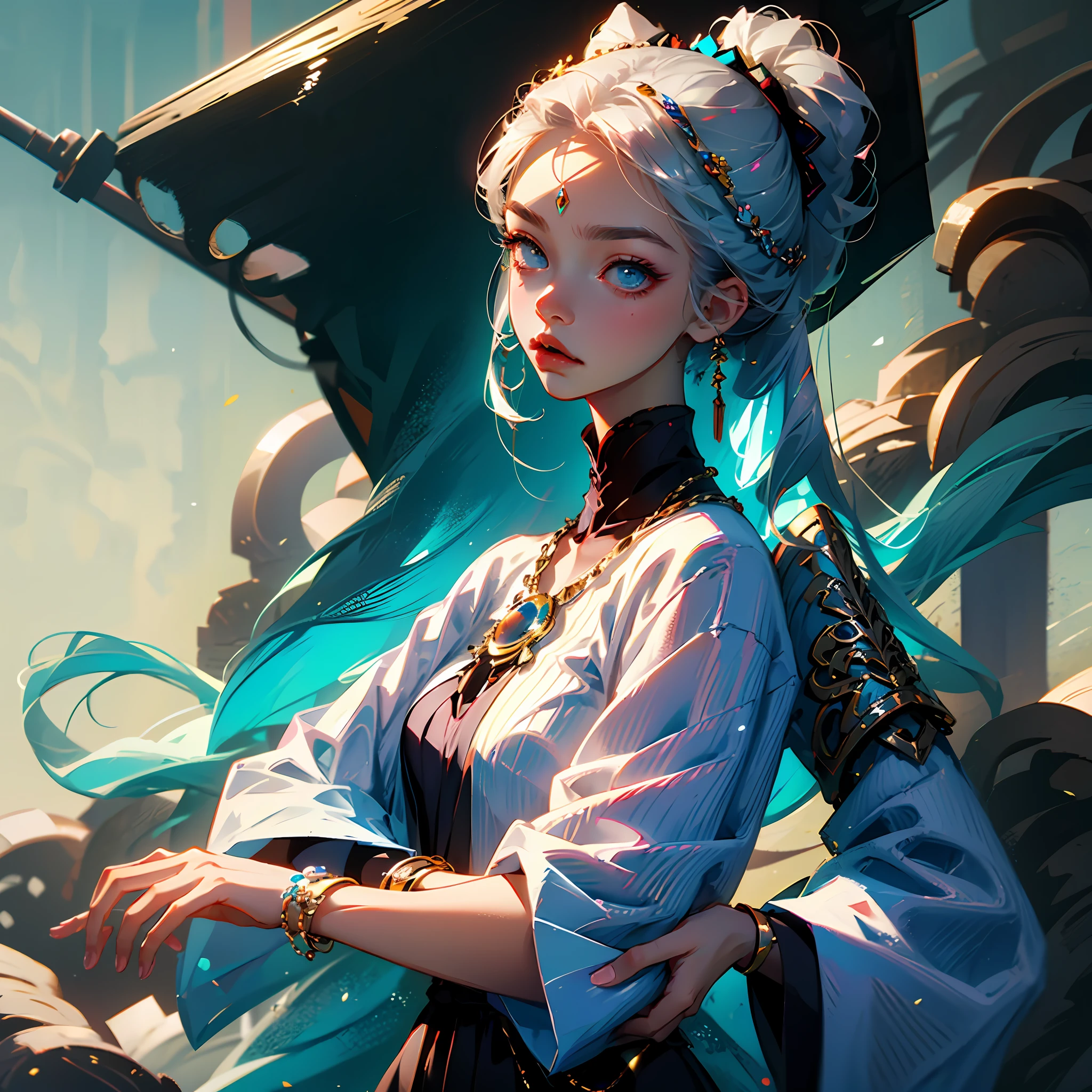 With silver ornaments on his head,Silver bracelet on his hand,A Miao anime girl in a silver suit,The upper part of the body,delicated,high high quality --auto