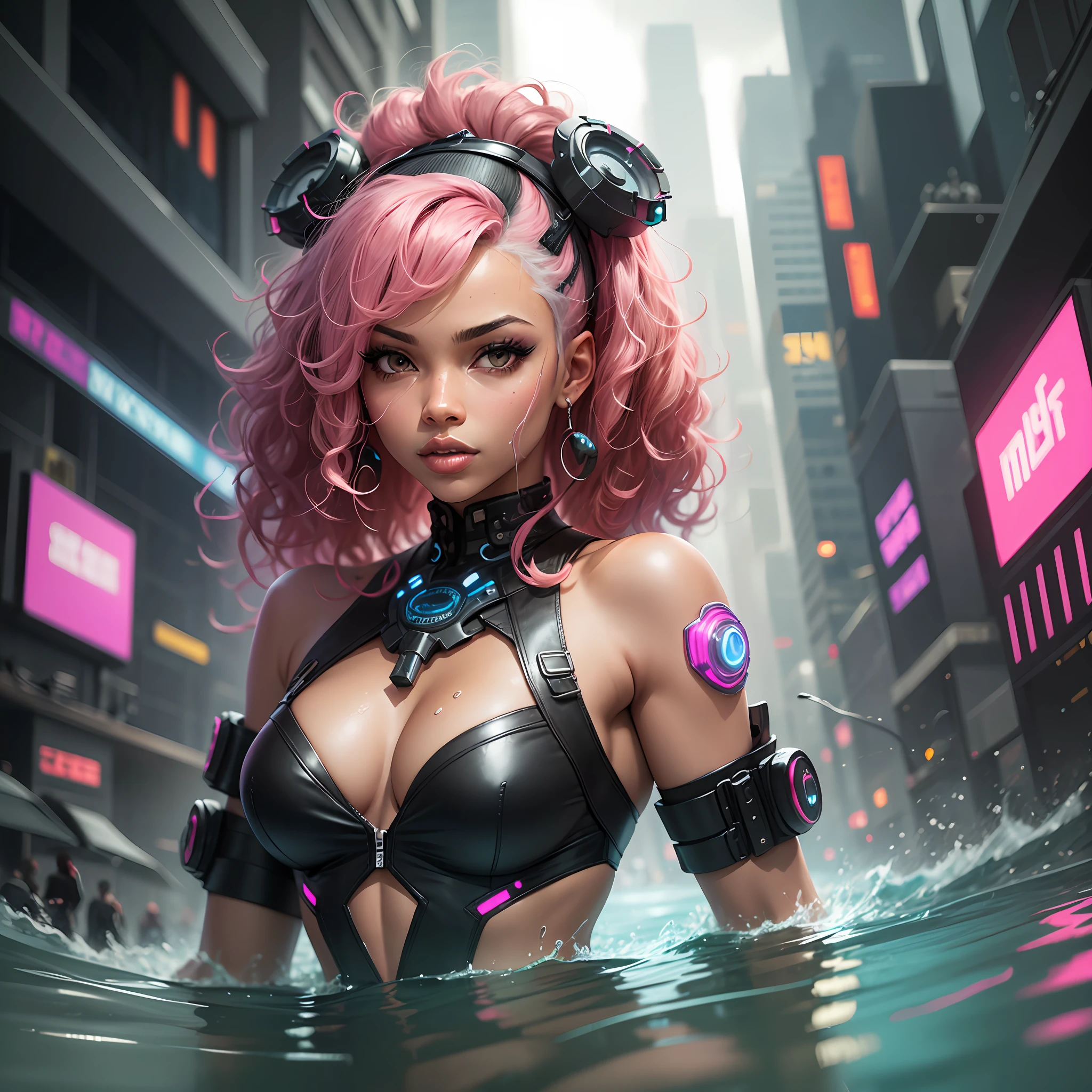 Woman with pink curly hair, black skin tone, game character, water, cyberpunk --auto --s2
