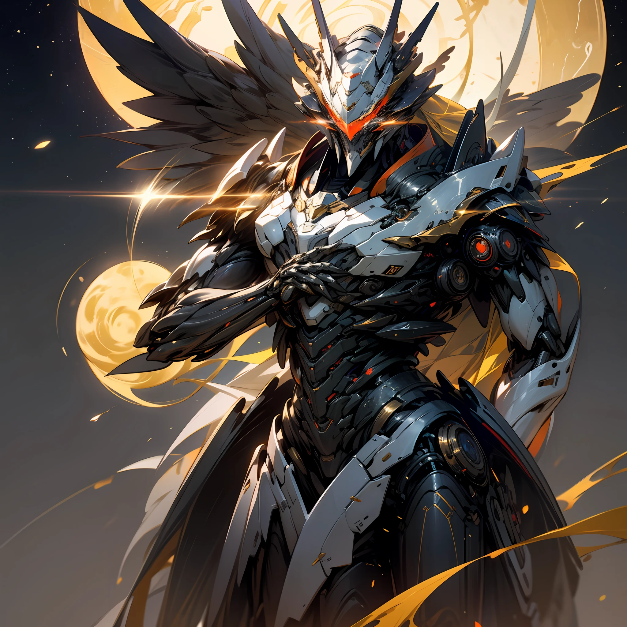 Mecha full of Chinese elements， ultra-realistic realism， There are divine dragon phoenix elements。Obverse background with cosmic starry sky and sun。The Divine Dragon Warframe carries Excalibur on his back，Ride a mechanical phoenix， The whole body is red and gold --auto