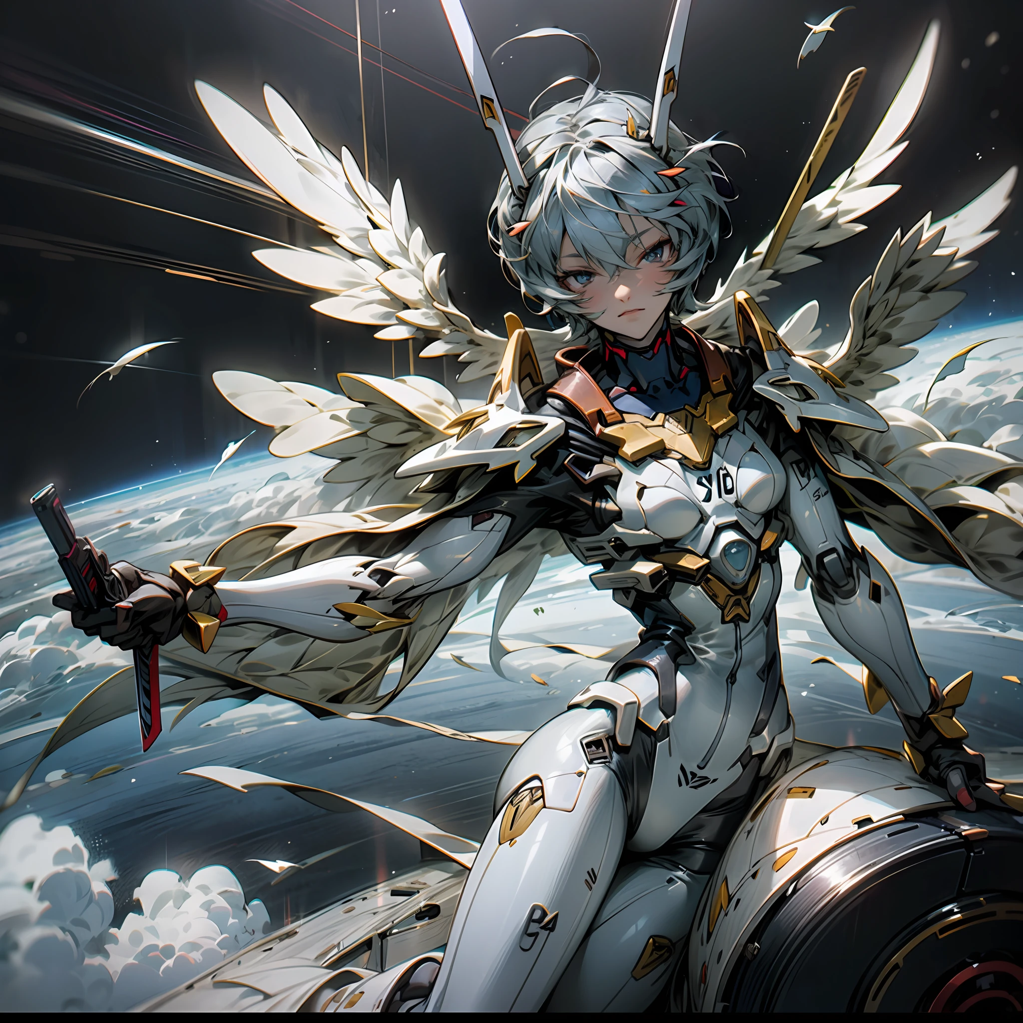 Rei Ayanami holds the gun of Longinus,Wings on the back,Fly in space --auto