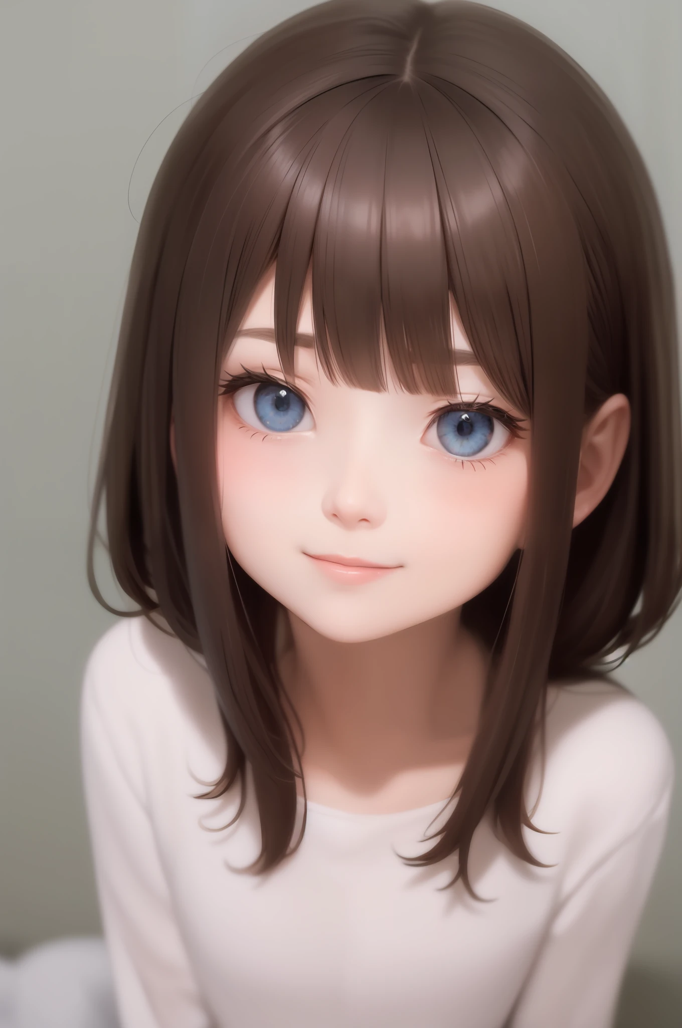 Best quality, tmasterpiece, brunette color hair, blueneyes, head looking up, The upper part of the body,white pajama,adolable,Touching smiles,Cat ear hair card