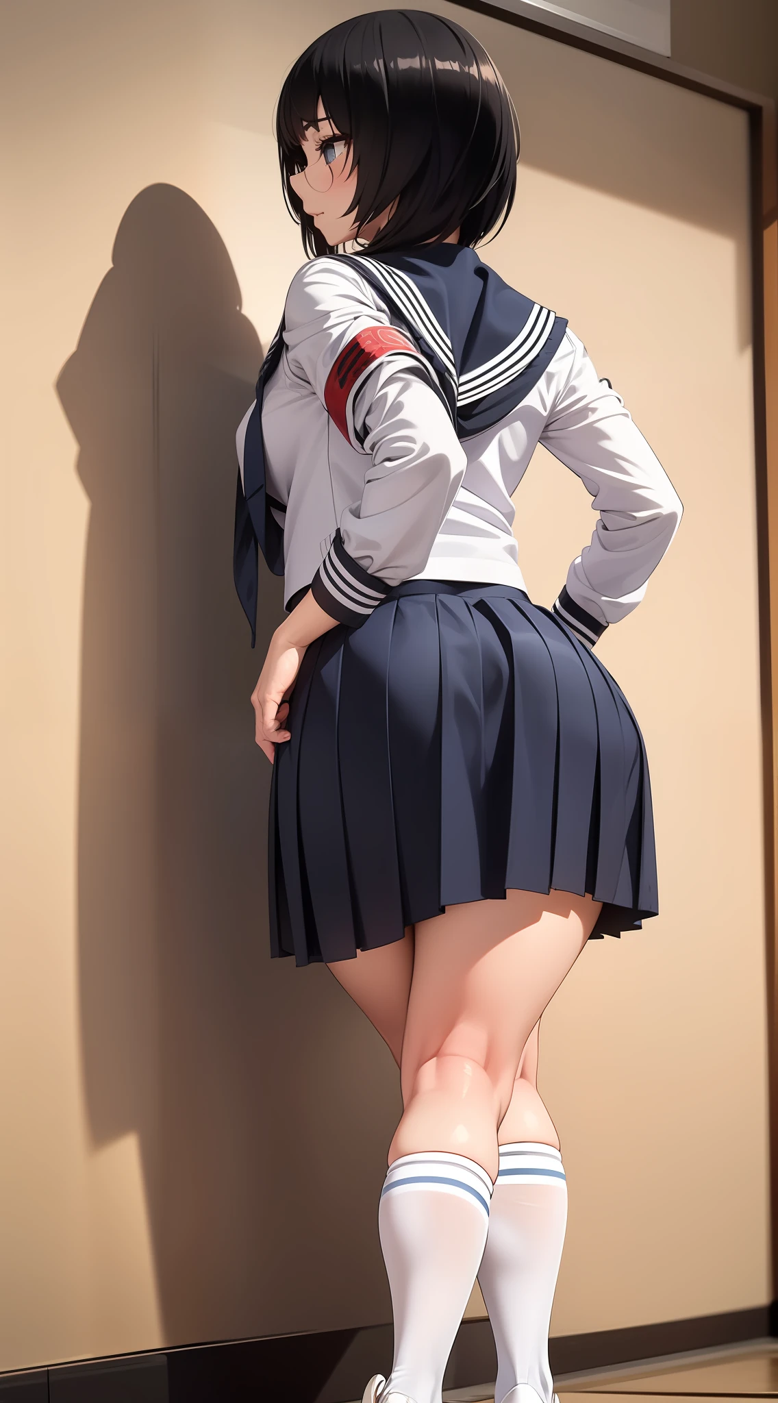 Suzuka, black hair, medium hair, atarashii gakko!!, white/blue seifuku school outfit, breasts, white sling thong, blue skirt, socks, and ballet shoes, 1girl, wallpaper, sexy, firm ass, front view, on her legs, tight skirt, standing, view from behind, above view