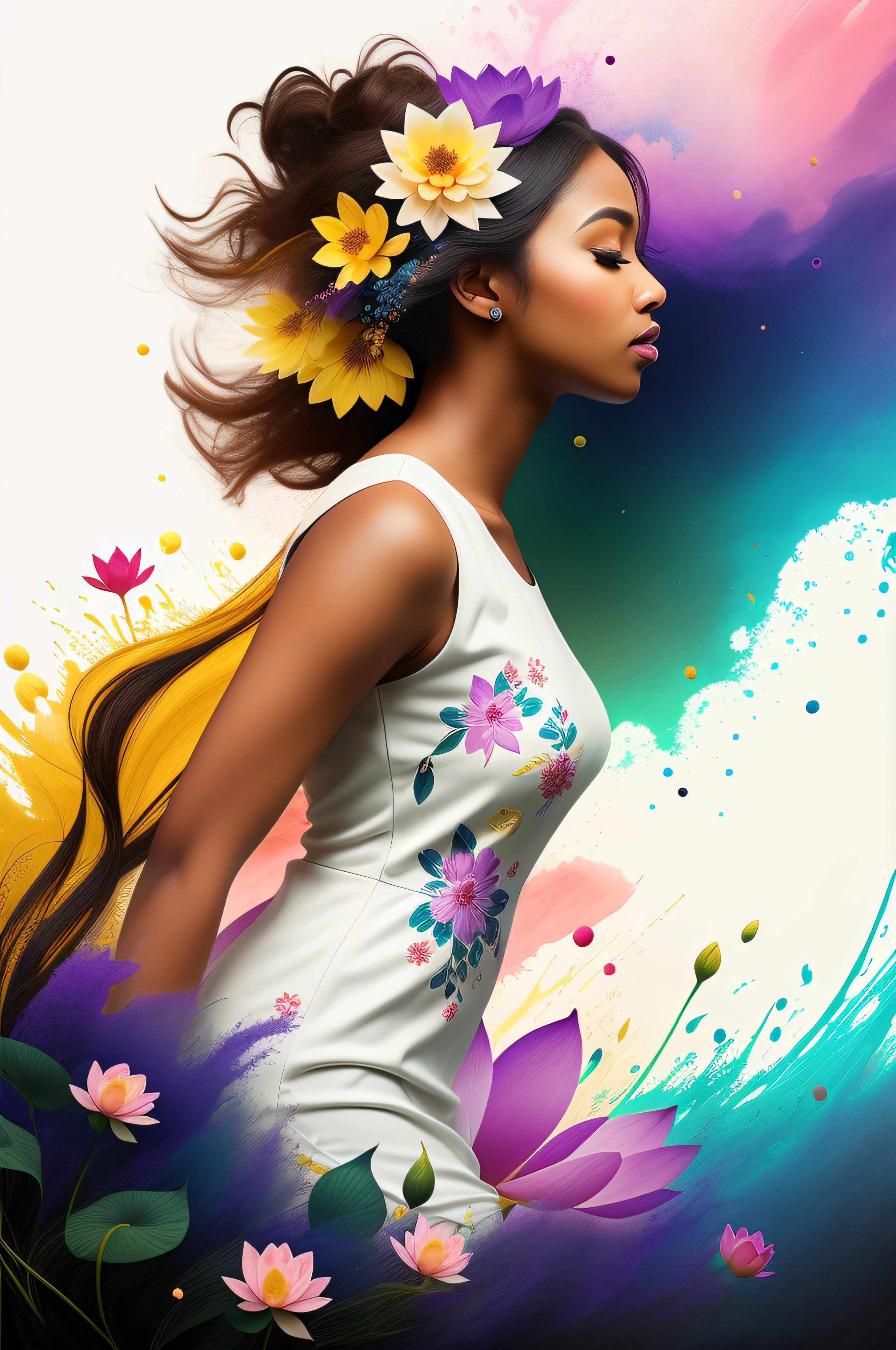 Beautiful ebony woman wearing a floral white dress, lotus flying around, rainbow purple highlights, background of assorted floral, splashes of blue juice, sideview, textured, photo realistic, 12k quality