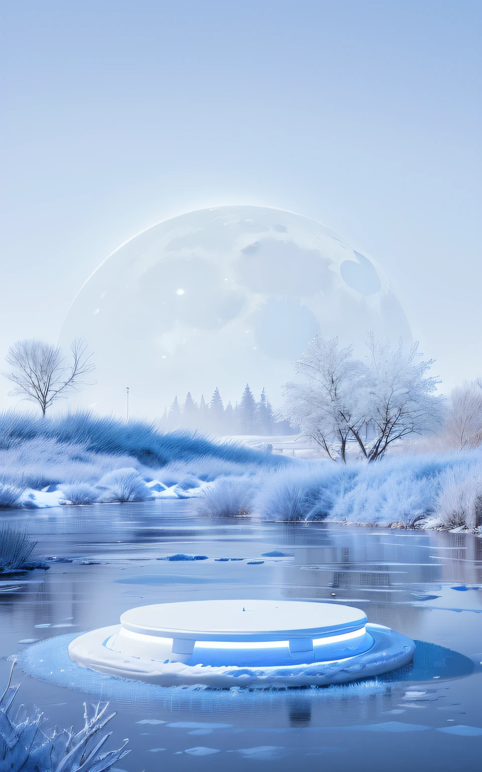 there is a large white plate in the middle of a body of water, icey tundra background, soft blue moonlight, sandy white moon landscape, blue ground. fantasy, surreal frozen landscape, cold blue colors, winter scene fantasy, big white moon background, ethereal landscape, blue moonlight, moonlight background, water everwhere fantasy, in a serene landscape, blue liquid and snow