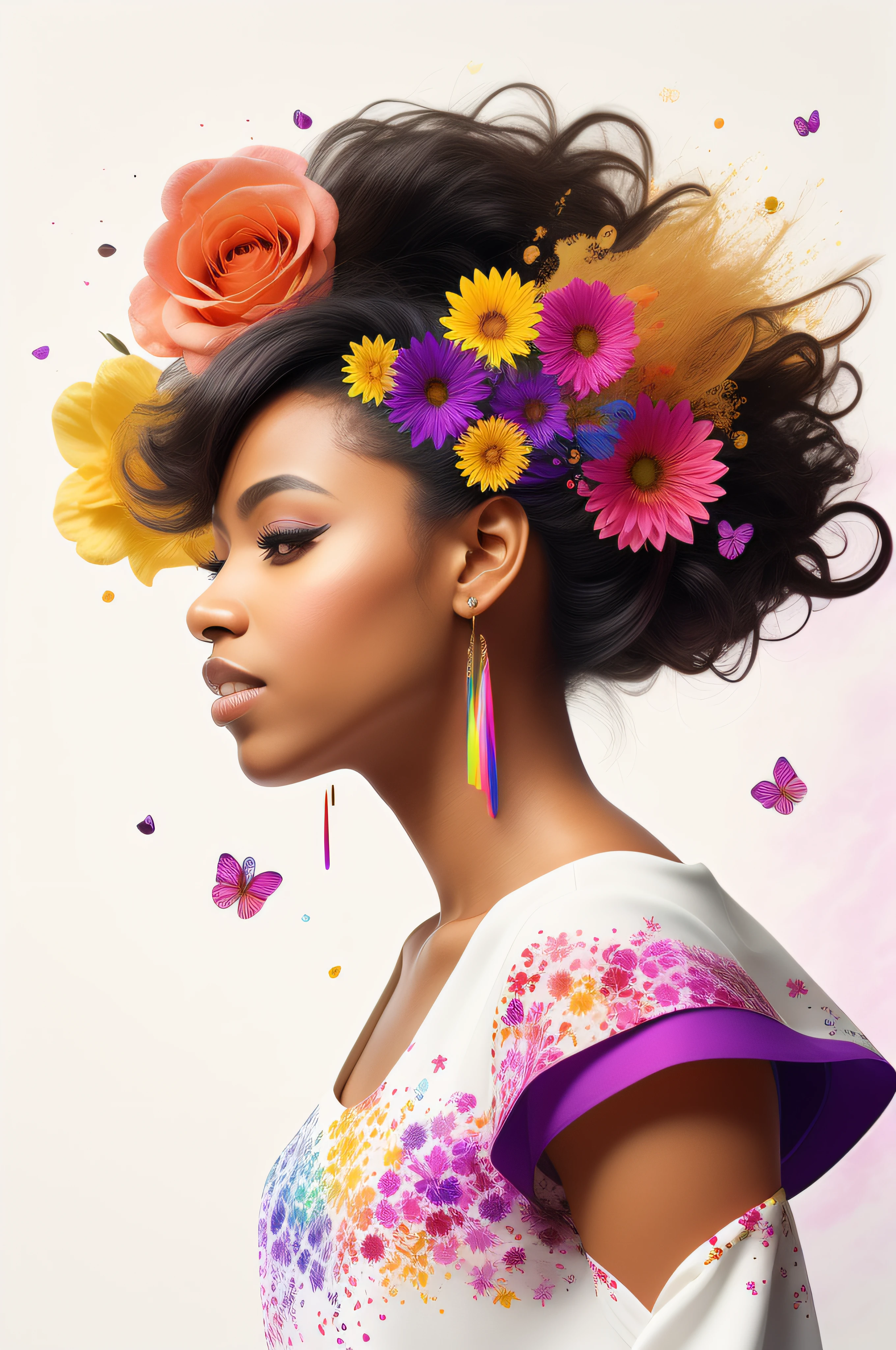 Beautiful ebony woman wearing a floral white dress, floral flying around, rainbow purple highlights, background of assorted floral, splashes of rainbow, sideview, textured, photo realistic, 12k quality