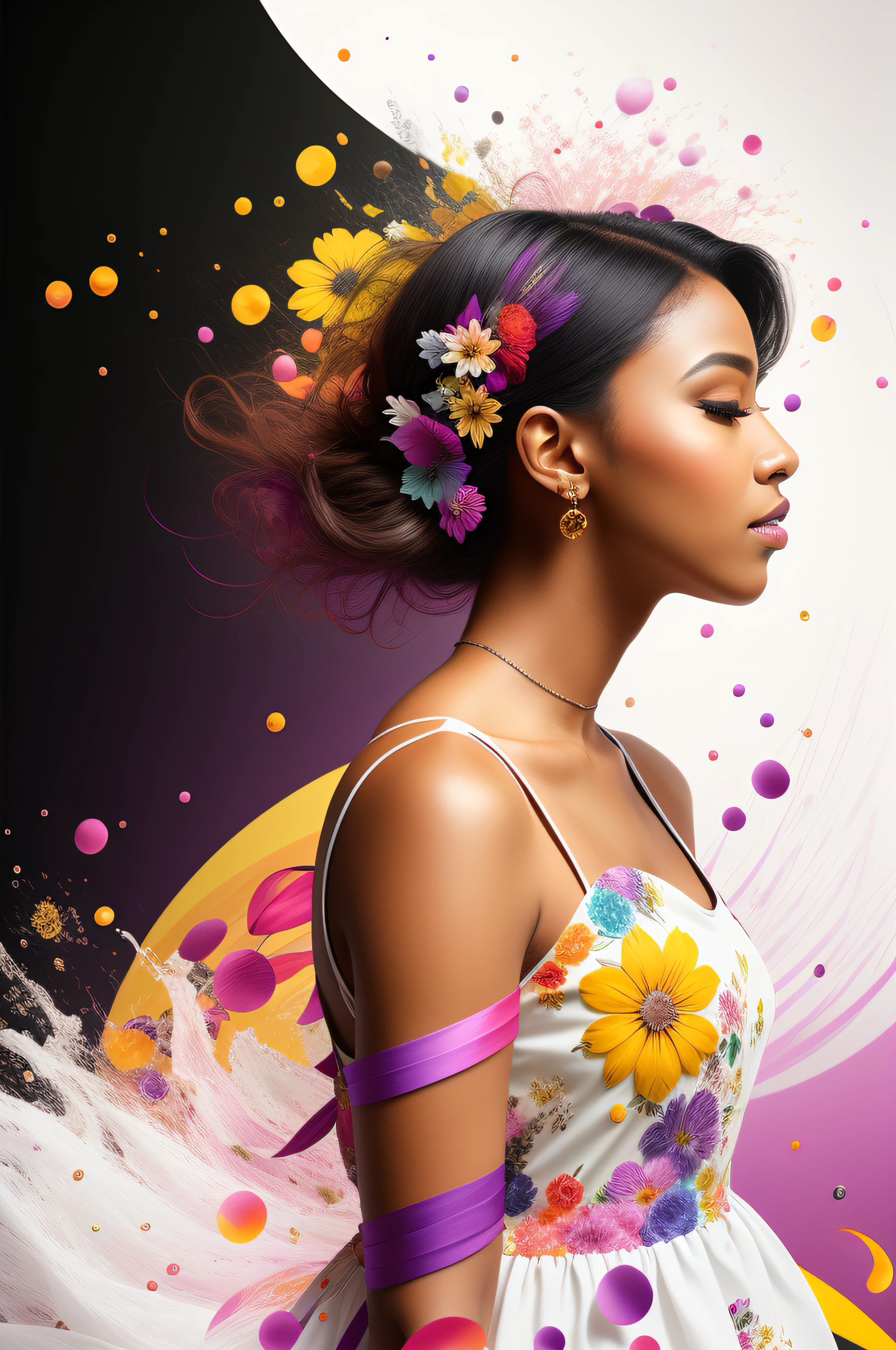 Beautiful ebony woman wearing a floral white dress, floral flying around, rainbow purple highlights, background of assorted floral, splashes of rainbow, sideview, textured, photo realistic, 12k quality