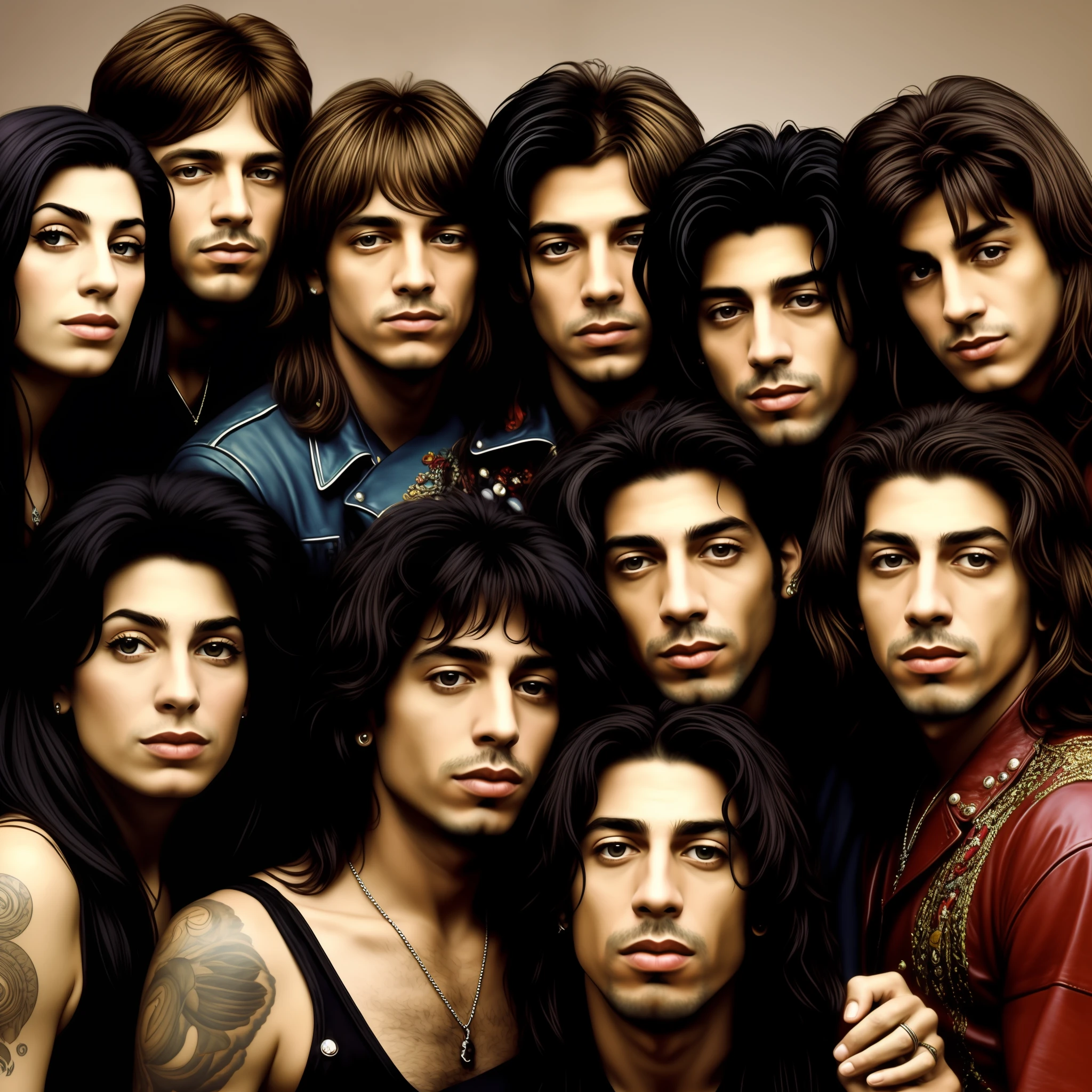 Grupo de 5 pessoas famosas, composto por, curt cobain da banda nirvana, jimi hendrix, jin morrison da banda the dorrs, janis joplin, ammy winehouse, sad expression