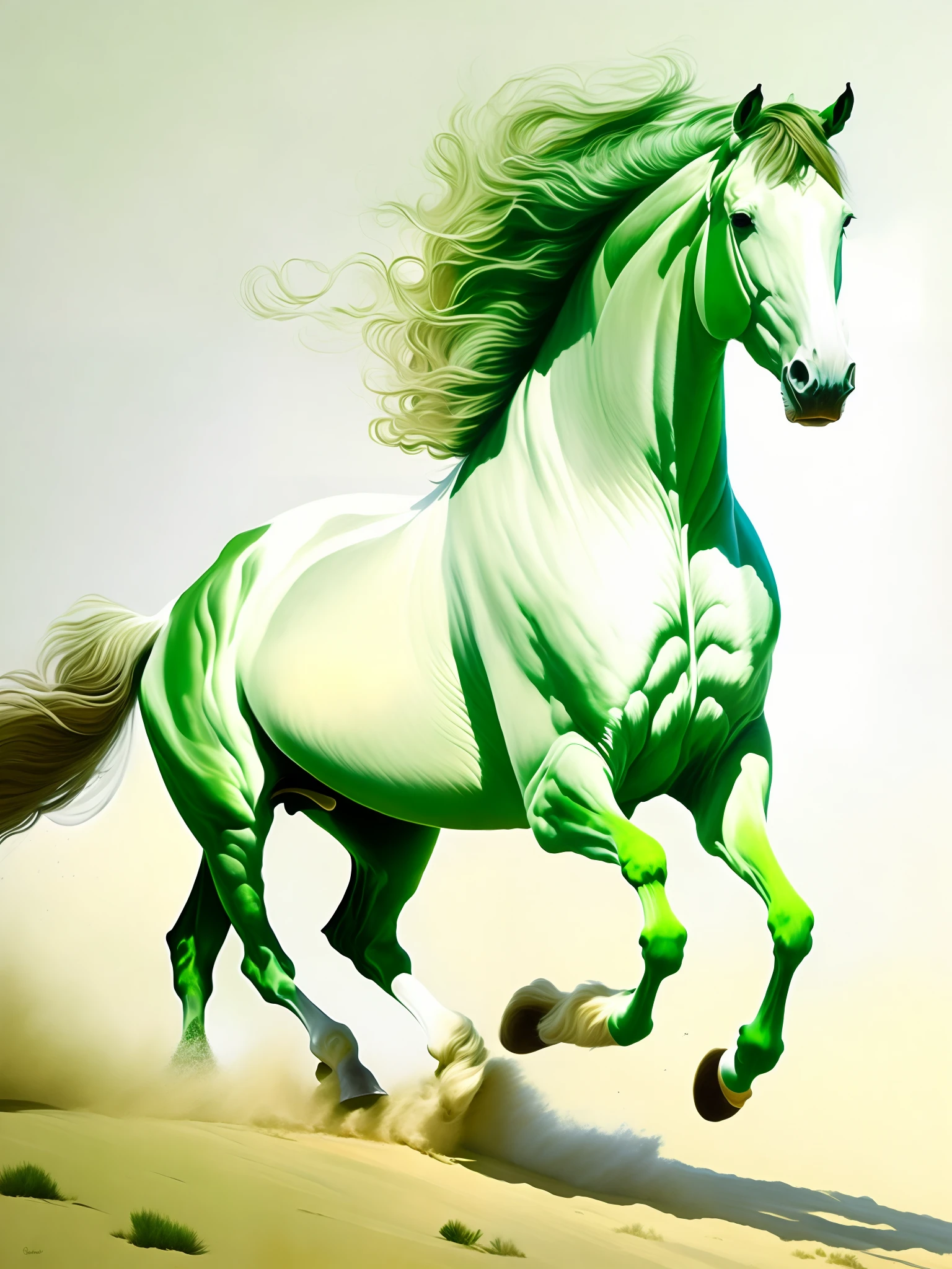 Pintura do rosto de um cavalo branco, ao vento, calopando na grama verde