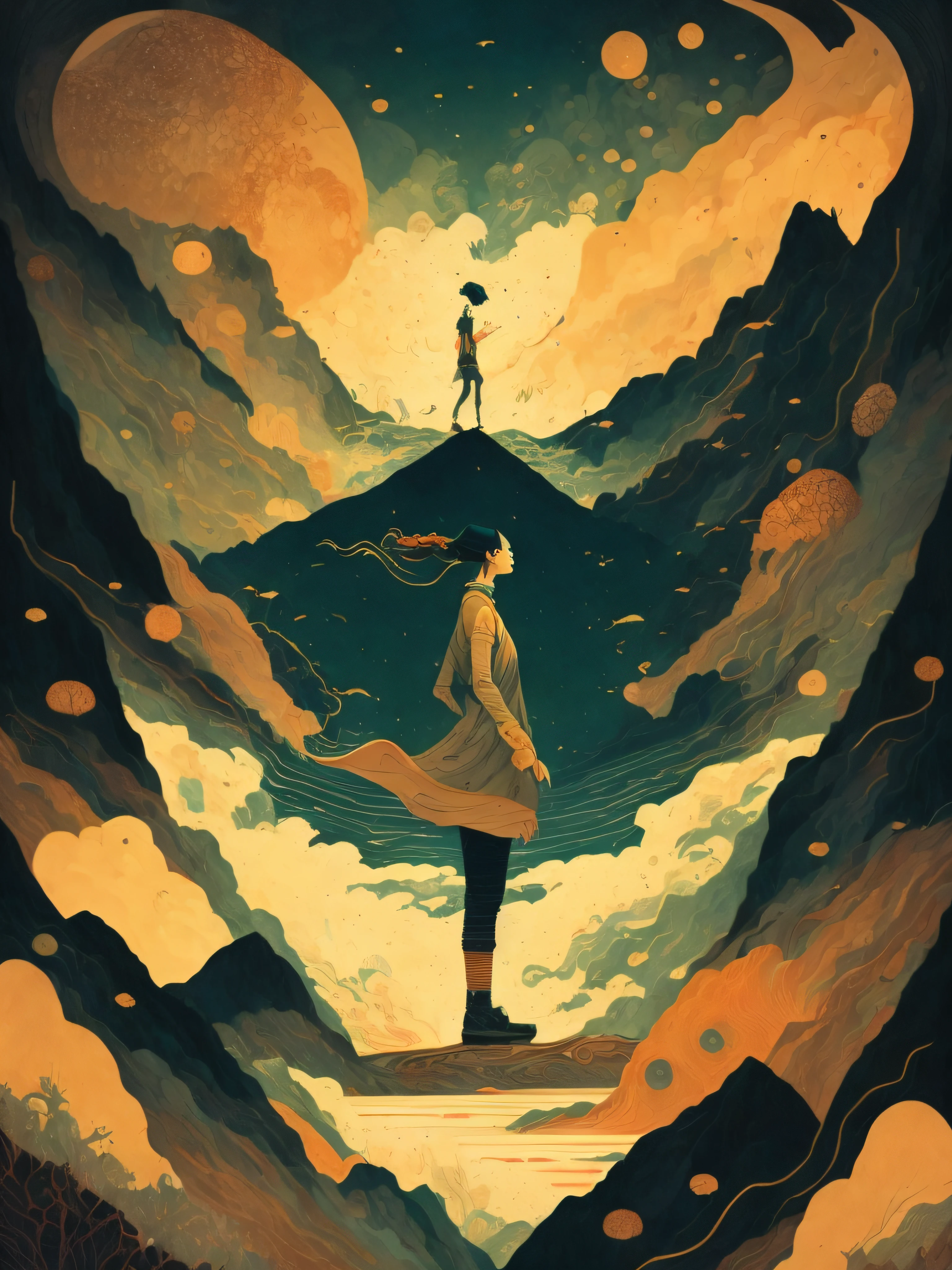 a painting of a woman standing in front of a mountain with a river running through it by Victo Ngai