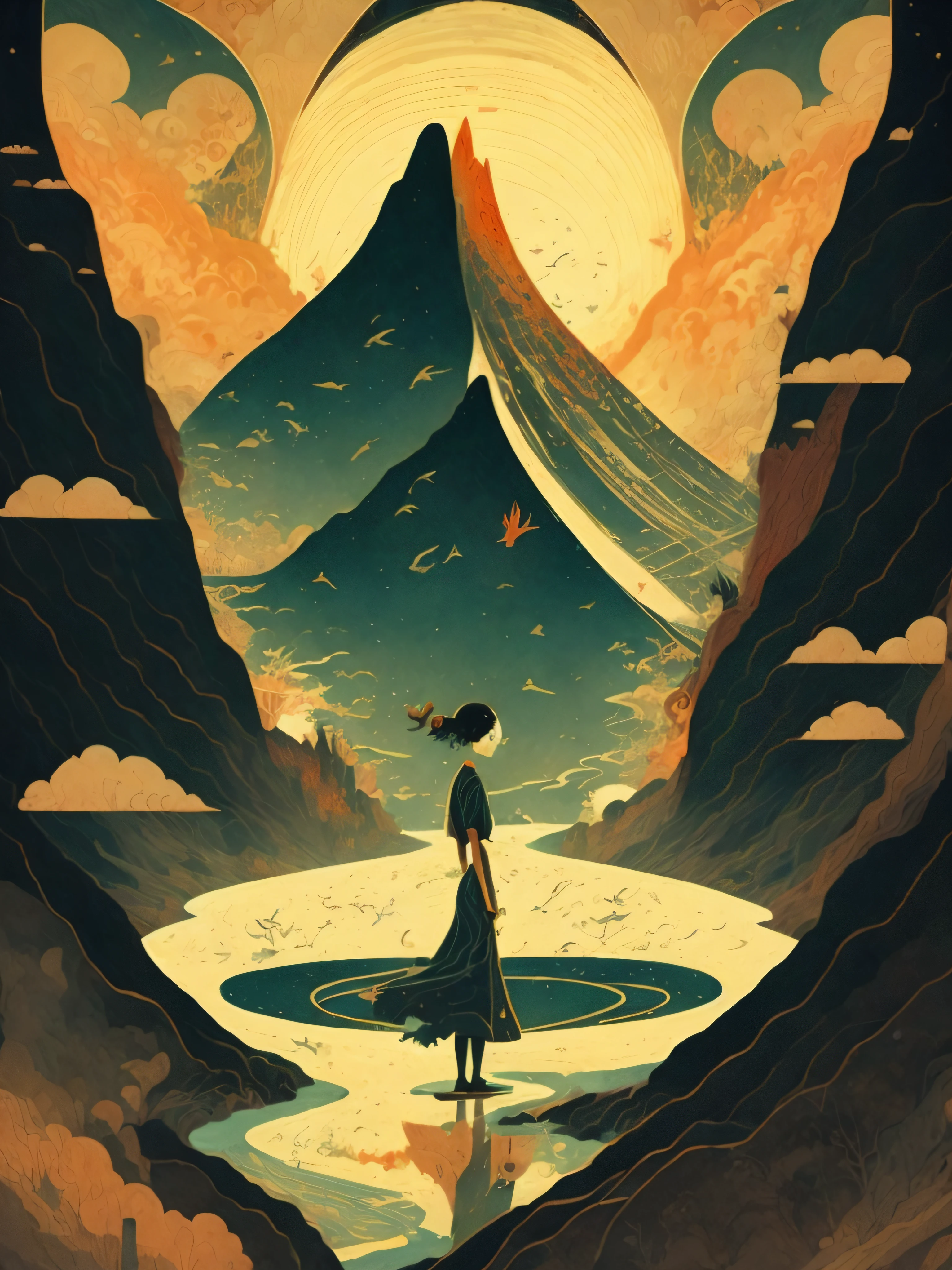a painting of a woman standing in front of a mountain with a river running through it by Victo Ngai