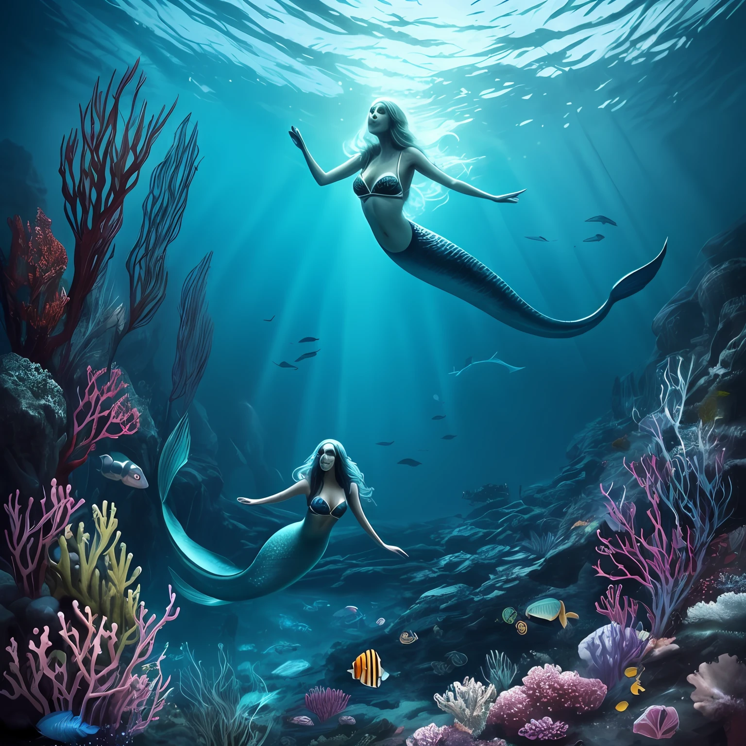A mermaid with the scary appearance and the body of a sea monster in the depths of the ocean --auto