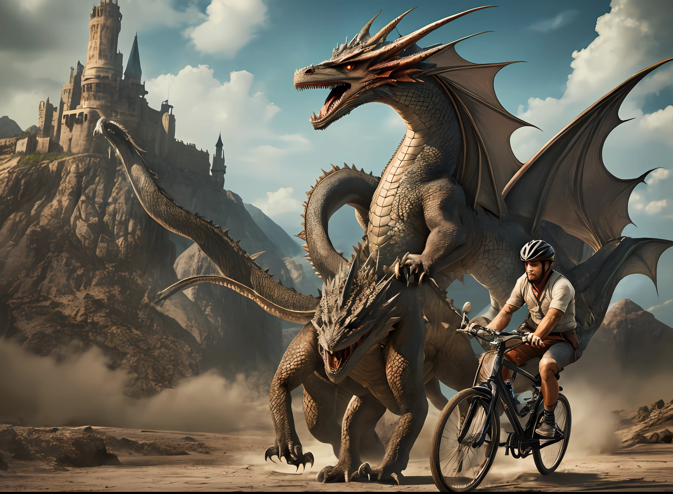 (obra prima), (extremamente detalhado), (alta qualidade), realista, realistic portrait of a man riding a bicycle in front of a Drogon dragon, Alexguerra3 riding a dragon, dragon rider, fat dragon with rider, Riding a dragon, age girl riding a dragon, battle with dragon, charging through a dragons lair, montando um lobo prateado gigante, Jormungandr, dragon in the background, aventura render hiper realista, pedalando na cidade de westeros, pedalante.branco --auto --s2