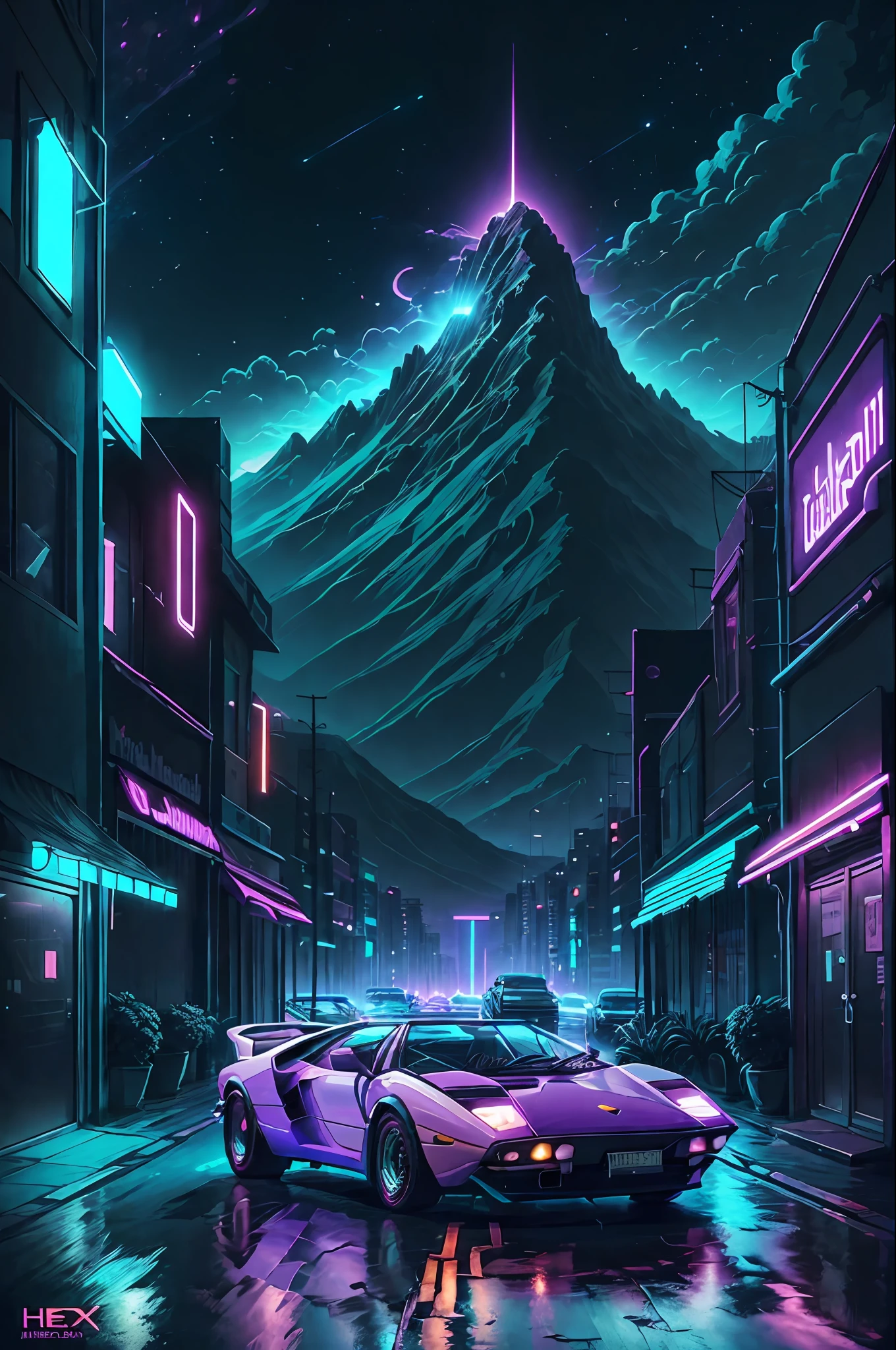 retrowave. city, car lamborghini countach, road, neon lights purple and blue, neon night sun, mountain, (masterpiece, detailed, highres), light grunky, antique vinyl cover effect, 8K, 80's, CD cover, professional art project, super detailed, synthwave, retro electro, by kavinsky, by new retro wave, handmade