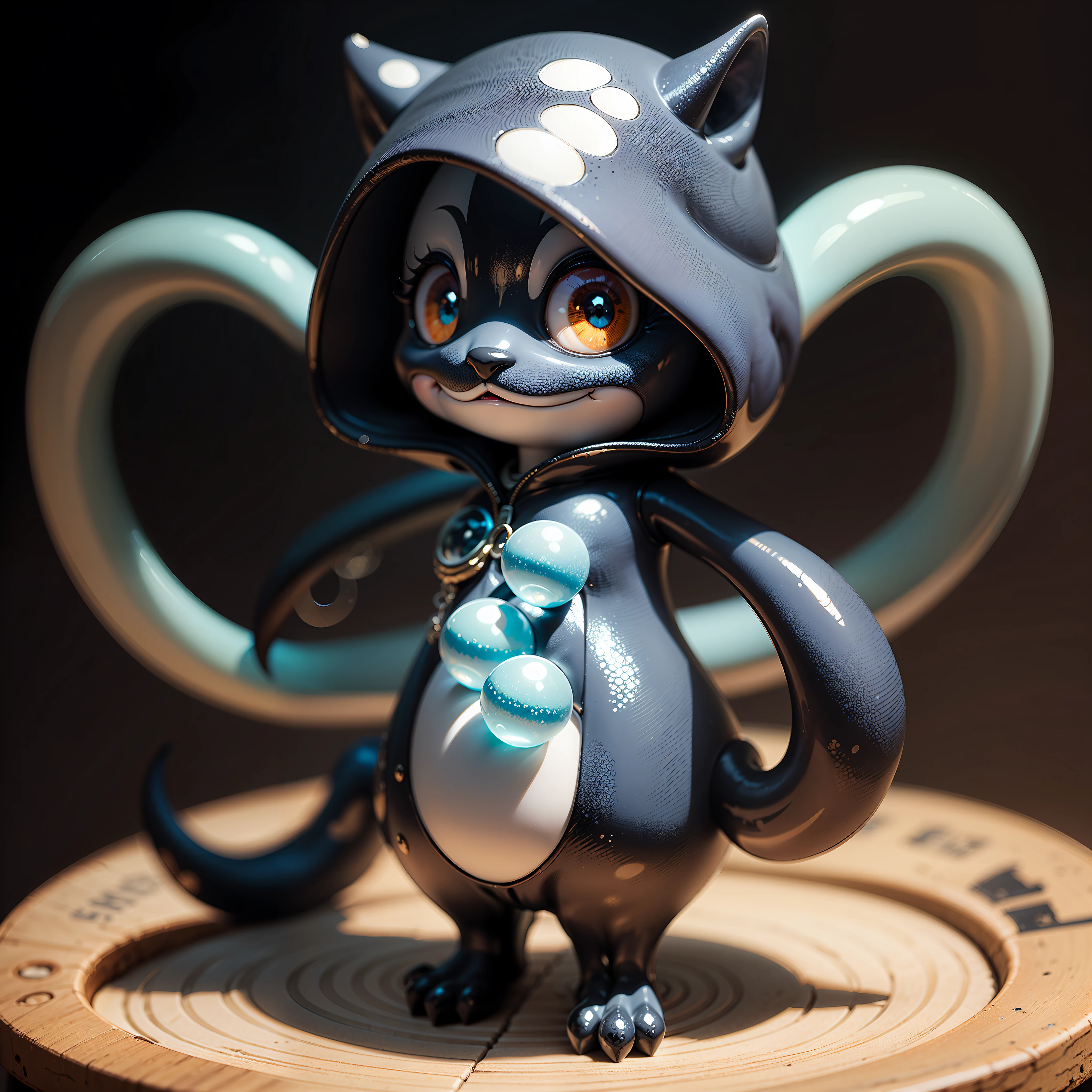 (WIDE VIEW), HD, 16k, a blind box figurine featuring a surreal creature from a dark and whimsical realm with a marble-like texture. The creature has a twisted and dark body with playful and colorful patterns and shapes on its skin. Its large, curious eyes seem to sparkle with mischief, and it wears a mischievous grin on its face. The figurine is made of a smooth and glossy material, resembling glass marbles.