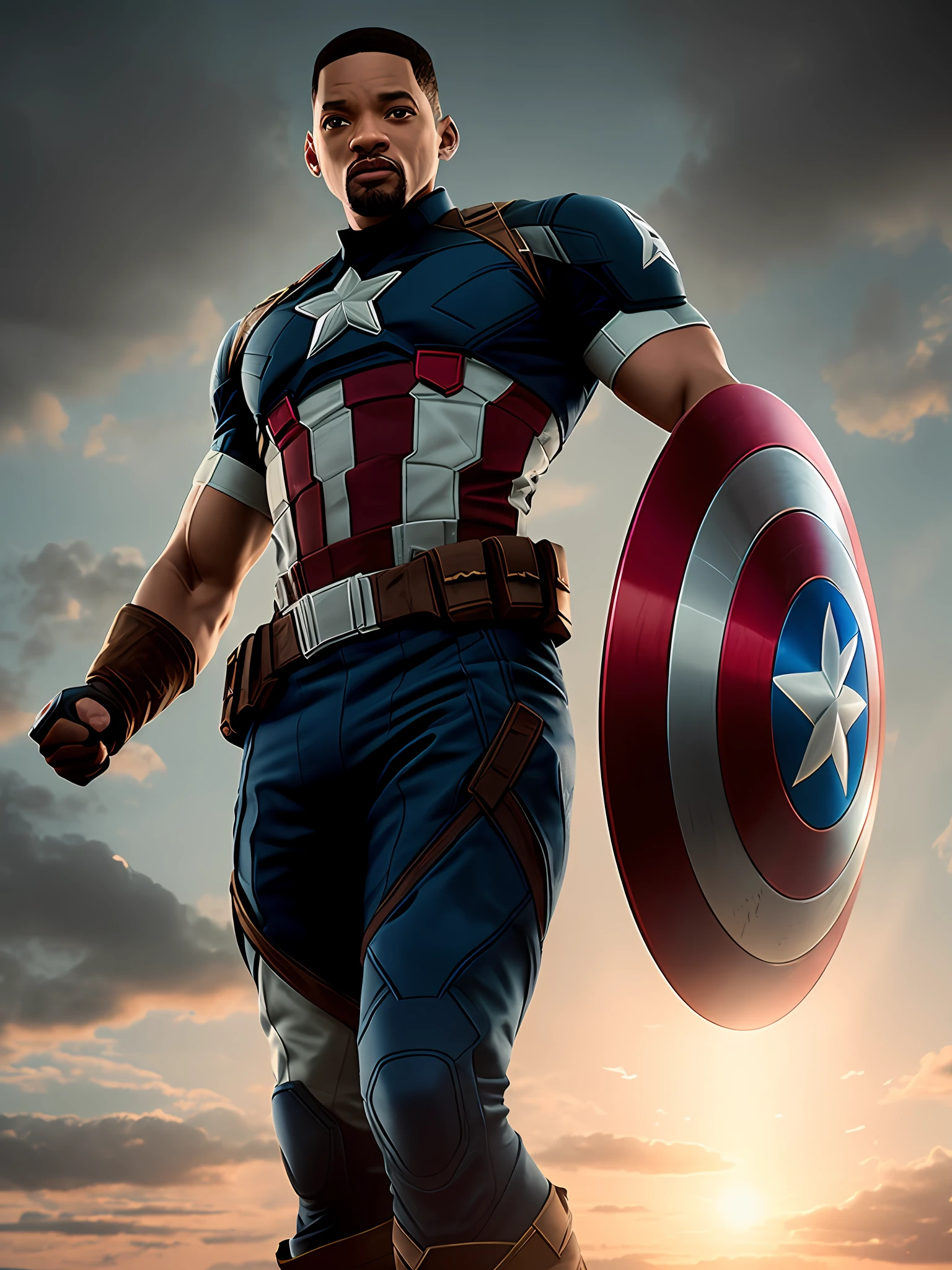 Will Smith as Captain America 8k, highes definition, rosto detalhado, rosto detalhado, olhos detalhados, traje detalhado, estilo marvel e dc, Hyper-realistic Gesaffelstein's chase style, fotorrealista, cinematic lighthing, atmosfera escura , volumeric lighting, Action Pose, epic scene, muitos detalhes finos, estilo de filme, fotografia, texturas naturais, luz natural, desfoque natural, fotorrealismo, cinematic render, ray tracing, max quality, maximum detail, cinemactic, Efeito de desfoque, Long exposure , 8K, Ultra-HD, natural  lightting, Moody Lighting, cinematic lighthing, hiper-realista, vibrante, 8k, detalhado, ultradetalhe
