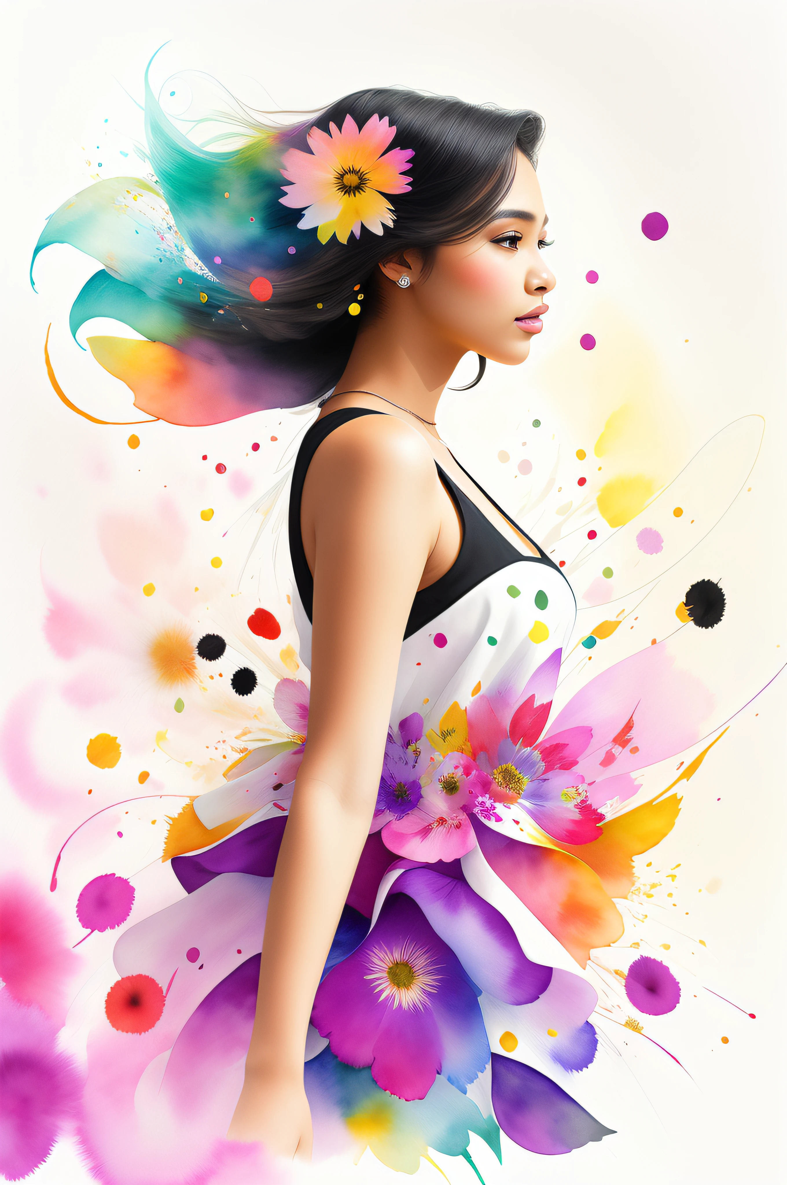 Beautiful ebony woman wearing a floral white dress, floral flying around, rainbow purple highlights, background of assorted floral, splashes of watercolor, sideview, textured, photo realistic, 12k quality, watercolor