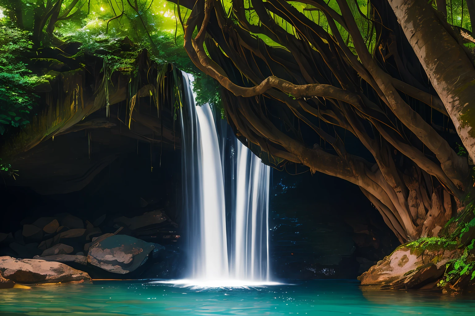 Masterpiece, high quality photography, breathtaking high resolution photography of a breathtaking waterfall cascading down a massive, ancient tree into a crystal-clear pool of water. The vibrant colors of the water create a captivating, surreal atmosphere. The blurred background, soft focus, and carefully placed bokeh create a dreamy, dreamlike atmosphere. The scene is partially blurred, enhancing the sense of depth and movement. medium aperture, fast shutter speed, wide aperture by Peter Lik by Kao-Fai Lee, 8k Full HD