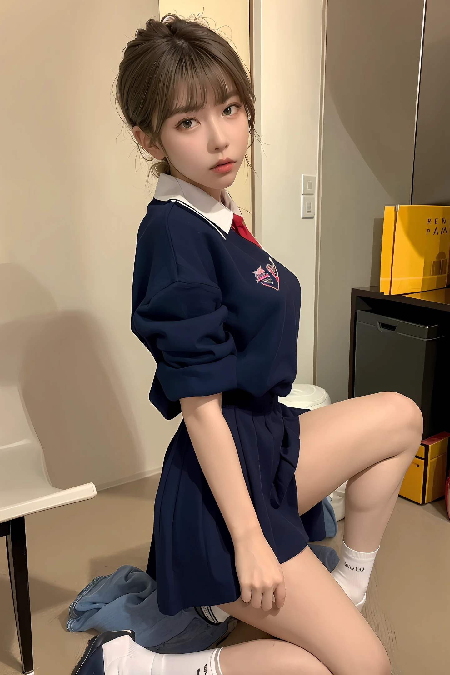 High nose, big eyes, slender figure, slender lips, school uniform, white socks, black boots