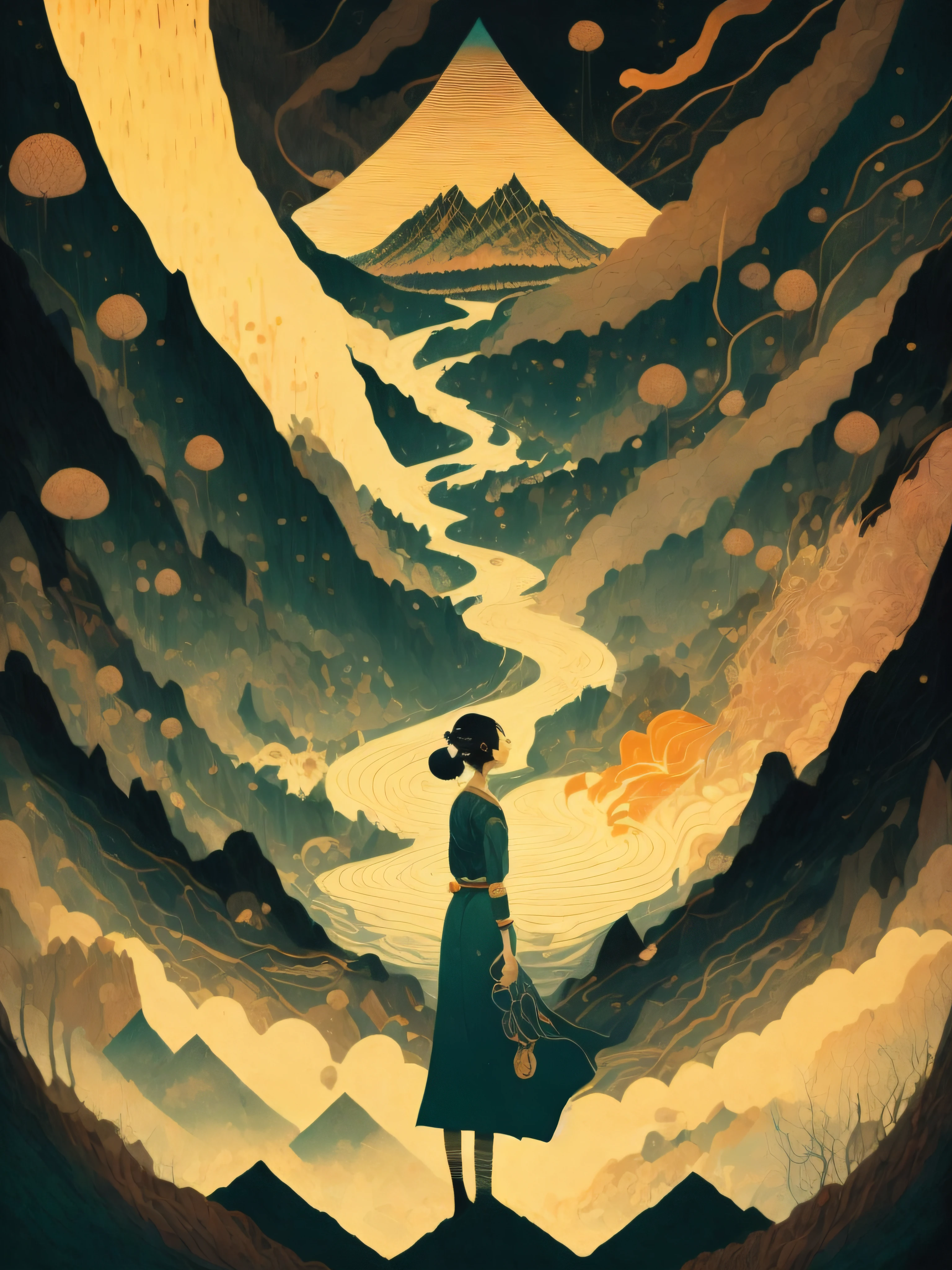 a painting of a woman standing in front of a mountain with a river running through it by Victo Ngai, minimalist