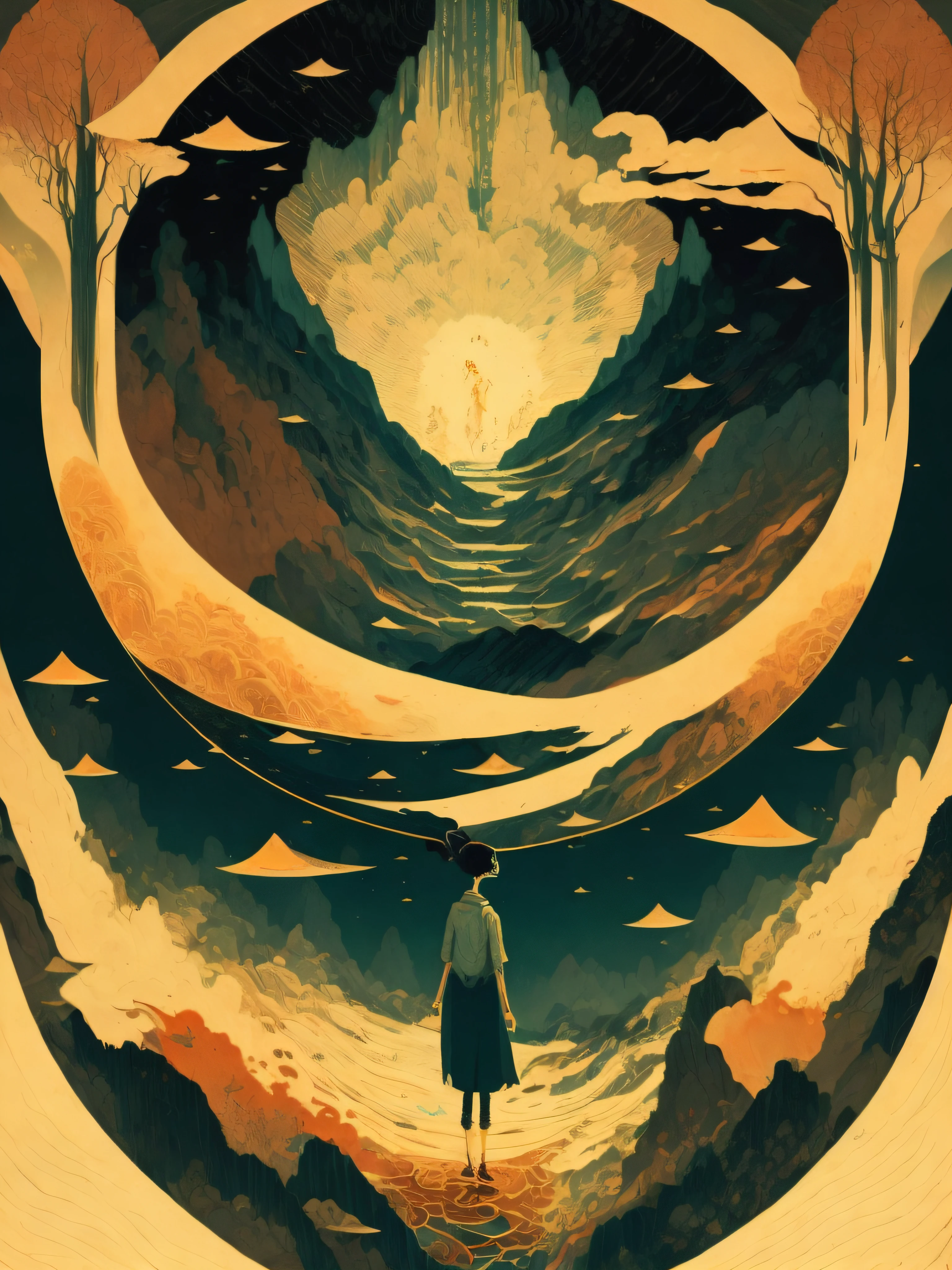 a painting of a woman standing in front of a mountain with a river running through it by Victo Ngai, minimalist