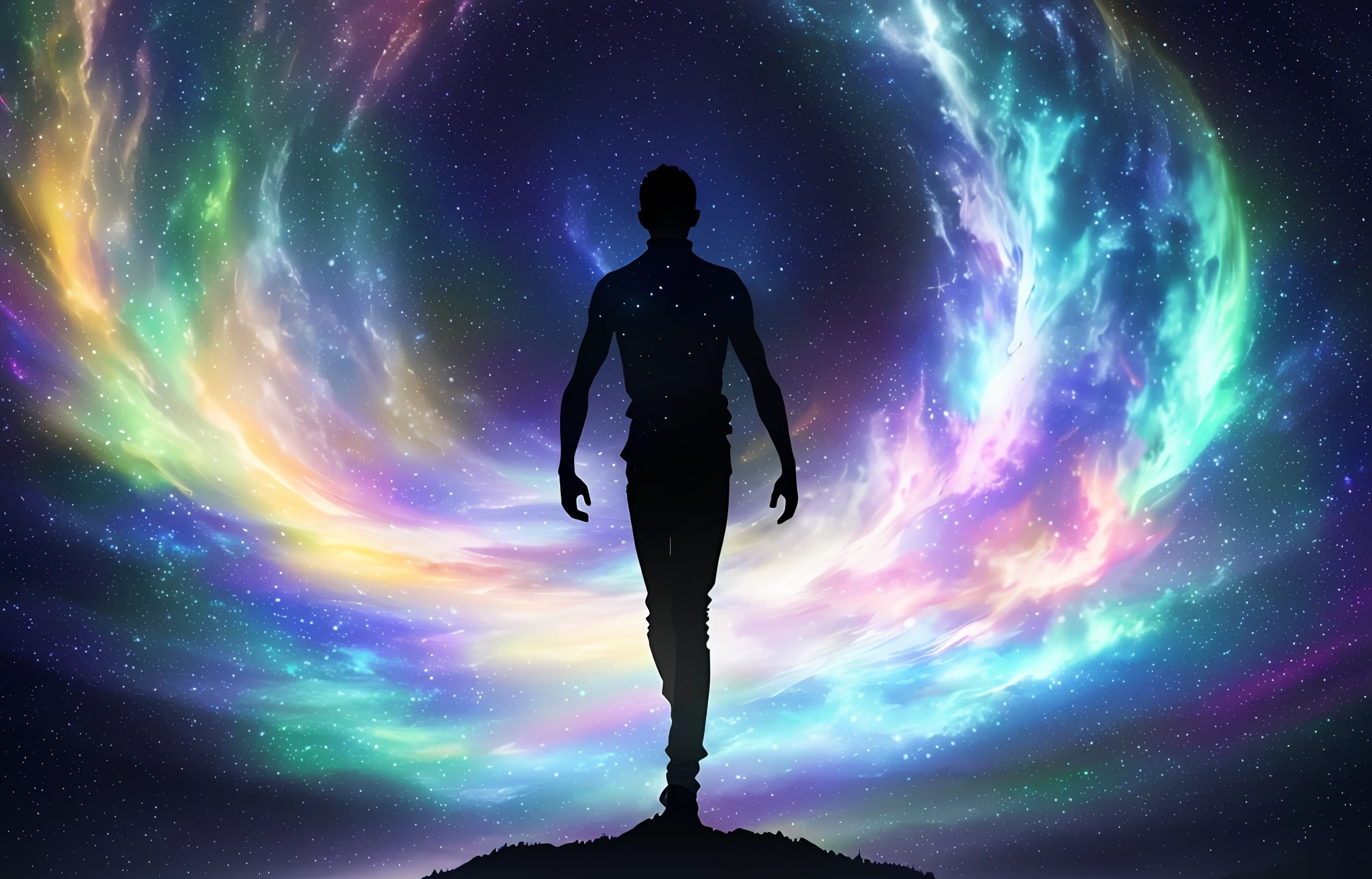 a man walking through a sky full of stars with a bright light, irradiando uma aura brilhante, aura de energia escura irradiante, aura branca brilhante, irradiando energia de renascimento, visible holy aura, emanating and flowing energy, channeling mystical energy, aura de nebulosa em torno do assunto, um ser interdimensional, efeito aura, aura de luz, luz espiritual, Ethereal Angelic Being of Light