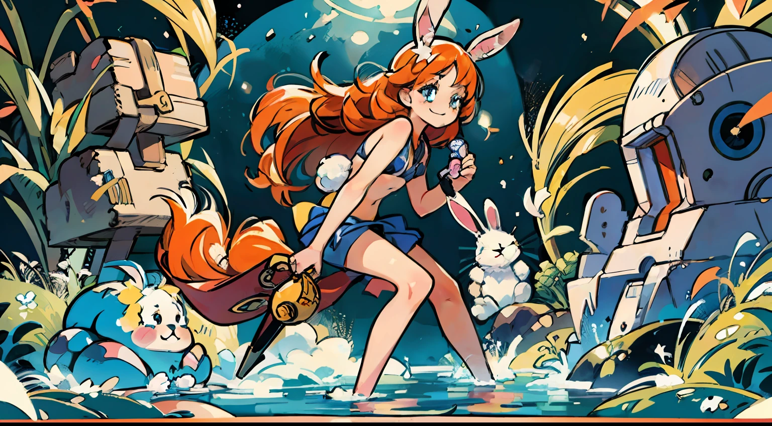 (master piece, high quality, 8k) rabbit woman (solo) with blue and yellow eyes, in a blue bathing suit, long orange hair, messy long orange hair with rabbit ears same color bunny ears, space dandy, space hero, galactic hero, anime hero female, small smirk,long legs, mid bust, womanly figure. (beautiful composition, coherent:1.3) beautiful detailed eyes, extremely detailed eyes and face, perfect anatomy, an extremely delicate and cute cubby face, big round blue eyes, long messy orange hair natural lighting,