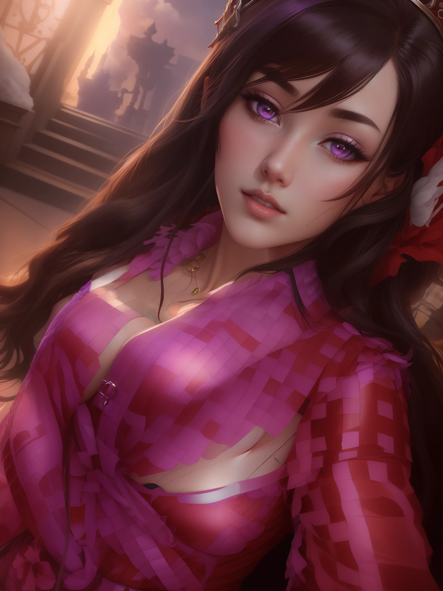 a close up of a woman in a red dress with long hair, beautiful alluring anime woman, a beautiful fantasy empress, inspired by Du Qiong, seductive tifa lockhart portrait, ((a beautiful fantasy empress)), seductive anime girl, beautiful anime woman, glamorous tifa lockheart, beautiful avatar pictures, mai shiranui, lady in pink armor, tifa, (lingerie:1.2), photo realistic, upon_body, tyndall effect, photorealistic, dark studio, rim lighting, two tone lighting, (high detailed skin:1.2), 8k uhd, dslr, soft lighting, high quality, volumetric lighting, candid, Photograph, high resolution, 4k, 8k, Bokeh, ?????? out,, (purple eyes color), (transparent armor:1.0), big ??????,