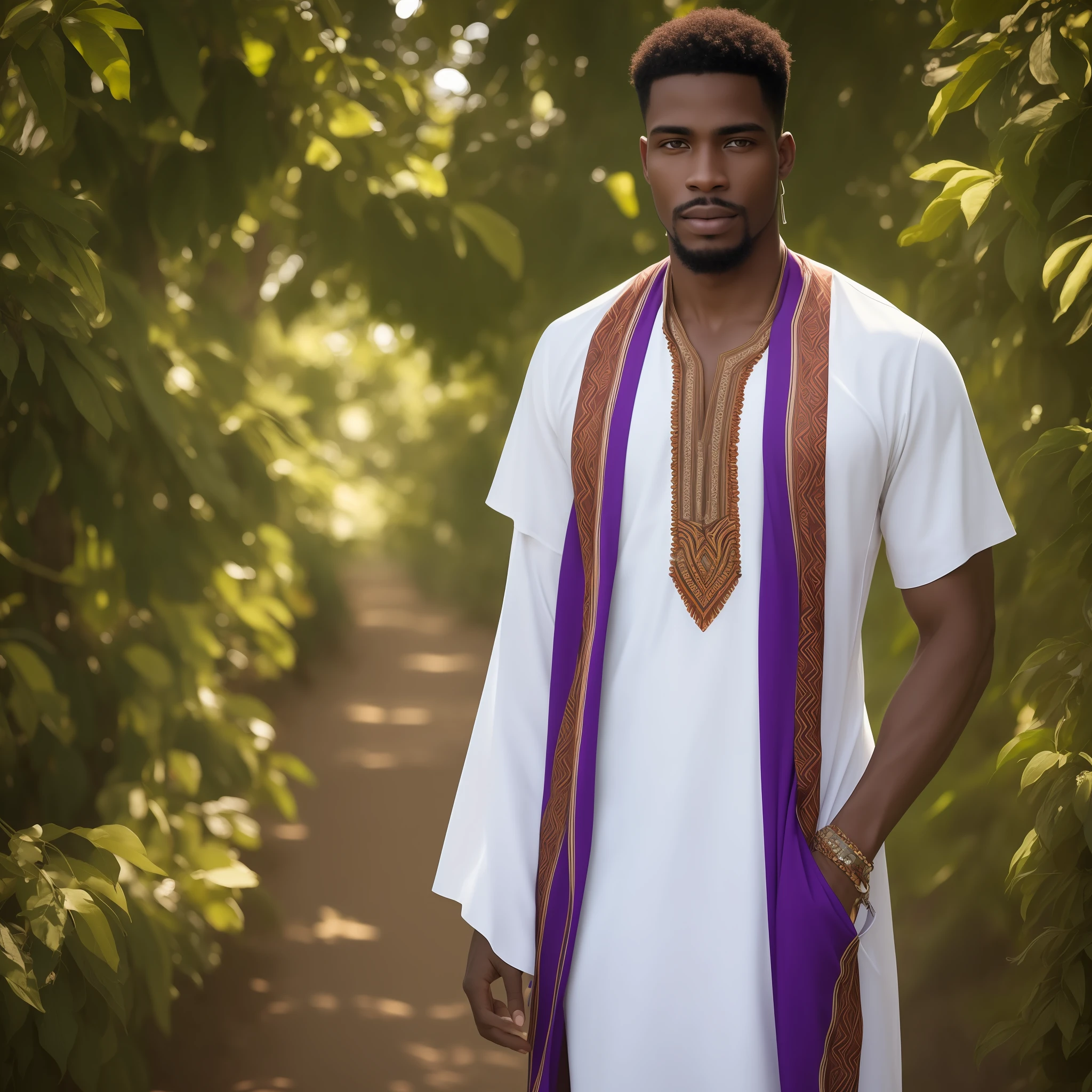 Elegante Homem norte africano vestido de um manto branco com a gola de cor violeta , cinematic lighthing, profundidade de campo, Man, Realismo, fotorrealista, hiper-realismo, fotografia profissional, UHD, DSLR, HDR --auto