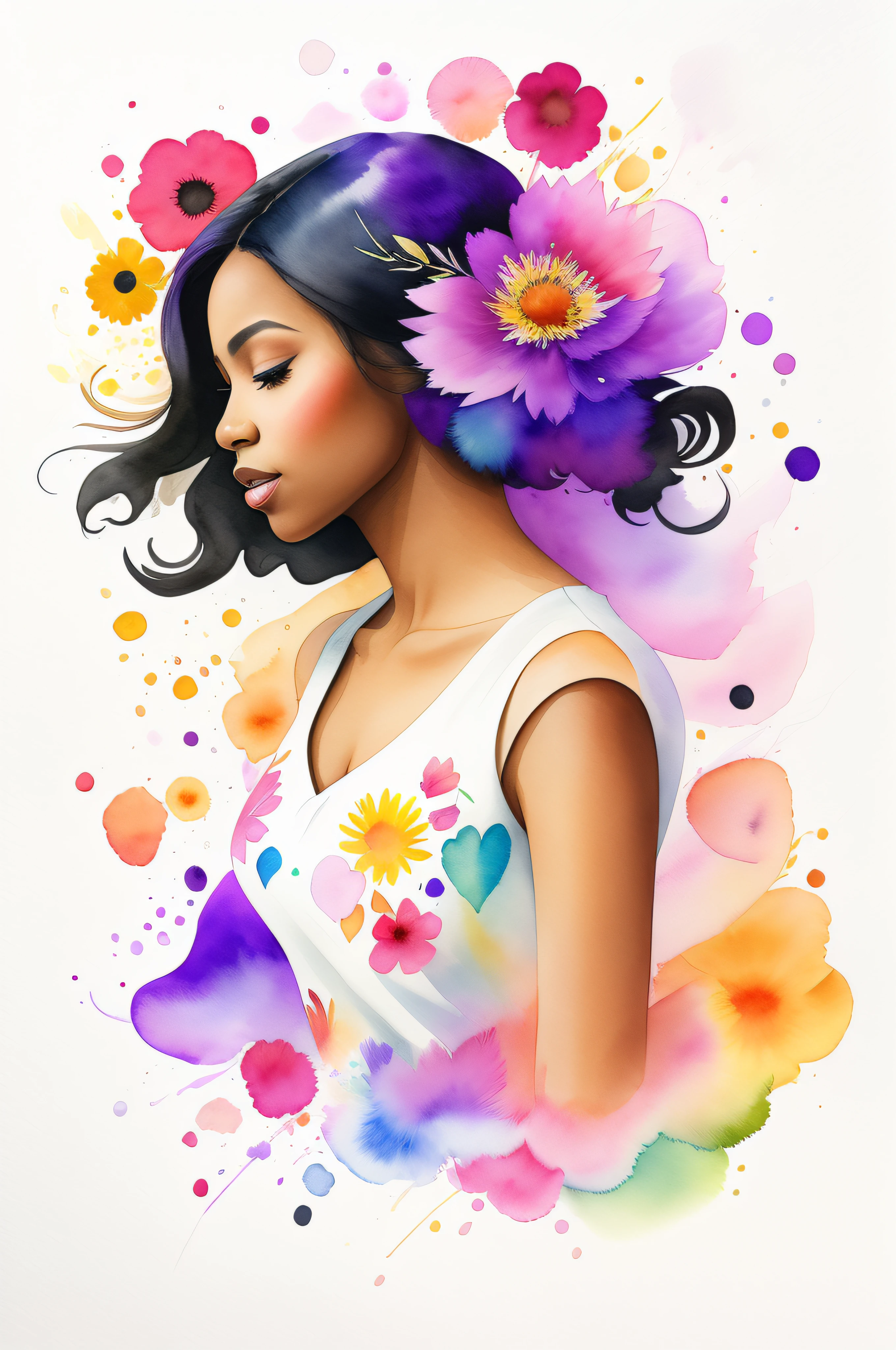 Beautiful ebony woman wearing a floral white dress, floral flying around, rainbow purple highlights, background of assorted floral, splashes of watercolor, sideview, textured, watercolor art, 12k quality, watercolor