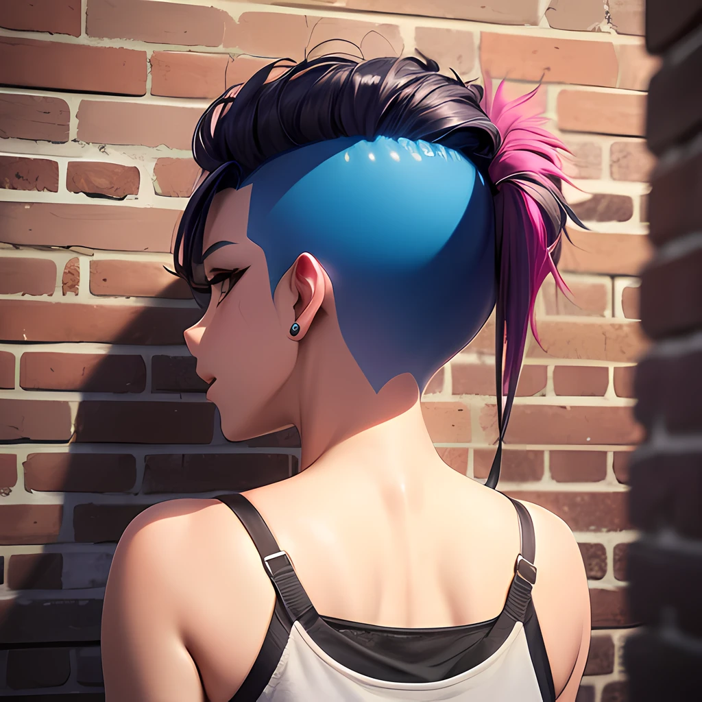 Beautiful anime illustration of a punk girl with a purple mohawk undercut hairstyle and black eyes spray painting an outline of a on a brick wall, pierced lip, ear studs, jogging attire, sneakers, mischievous expression, 21 years old, tough face, detailed skin, city alley, evening, overcast, ultra detailed, masterpiece, 8k, vivid, cell shading, view from behind, mohawk undercut,undercut, mohawk undercut, shaved undercut