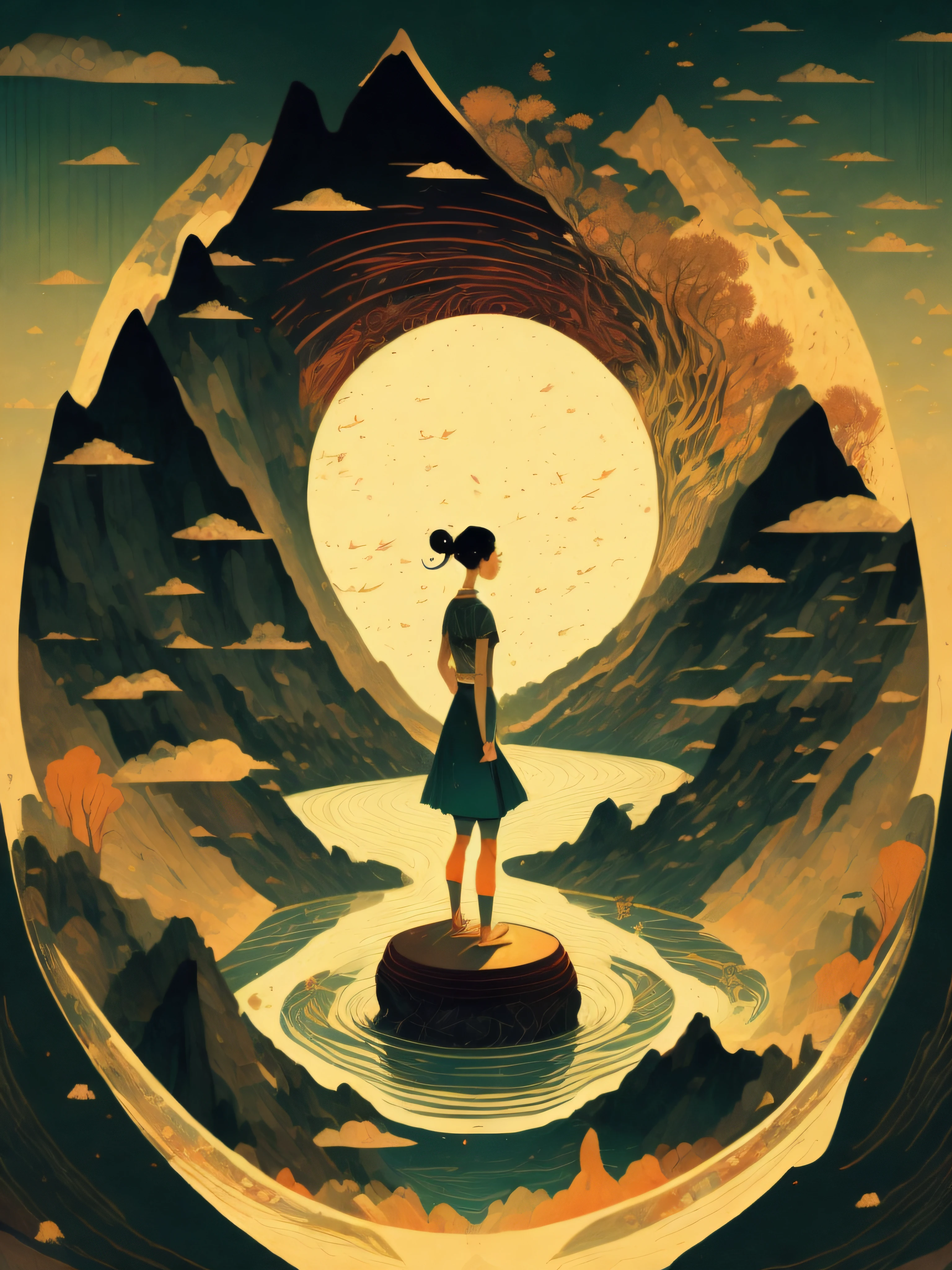 a painting of a woman meditating in front of a mountain with a river running through it by Victo Ngai, minimalist