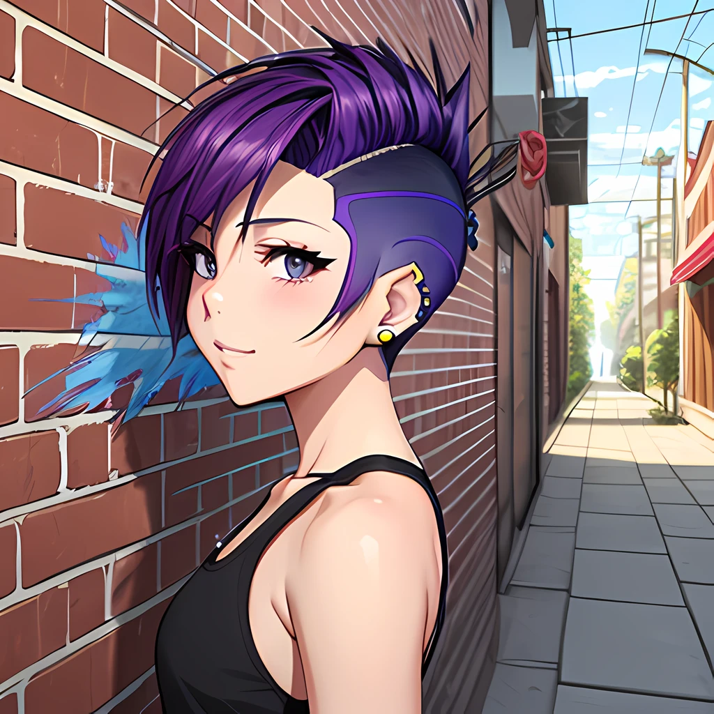 Beautiful anime illustration of a punk girl with a purple mohawk undercut hairstyle and black eyes spray painting an outline of a on a brick wall, pierced lip, ear studs, jogging attire, sneakers, mischievous expression, 21 years old, tough face, detailed skin, city alley, evening, overcast, ultra detailed, masterpiece, 8k, vivid, cell shading, view from behind, mohawk undercut,undercut, mohawk undercut, shaved undercut