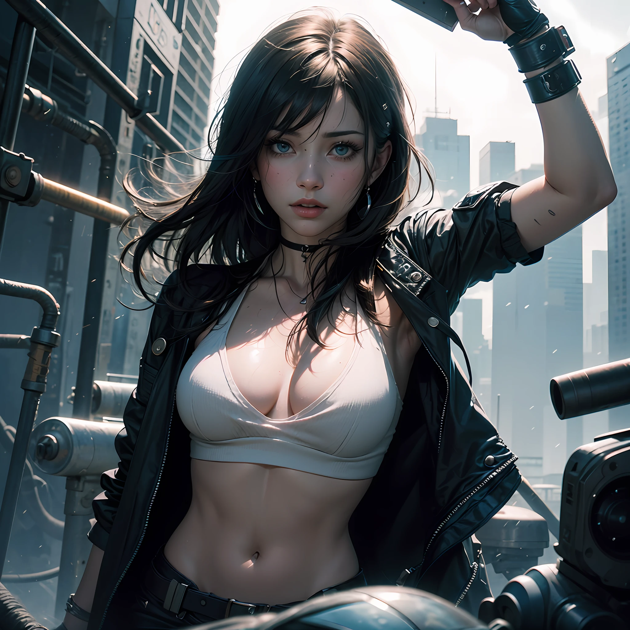fotorrealista,Realistic illustration in Manga style,((Obra maestra)),((La mejor calidad)),((Ultra detallado)),((1girl)),Perfect anatomy,Lindo_cara,waifu Tifa Lockhart final fantasy 7 remake,ropa mojada,blusa blanca,Minifalda negra,Calcetines negros,rojo_ojos,cabello ondulado,delineador,Maquillaje lindo,((Ojos detallados perfectos )),Ciudad Cyberpunk,lluvia afuera,noche,((Extremadamente CG Unidad 8K Fondo de pantalla)),Detalles intrincados,Extremely beautiful and aesthetic,Renderizado de octanaje,Retrato de cuerpo entero,damp skin,((Cuerpo detallado perfecto)) --auto