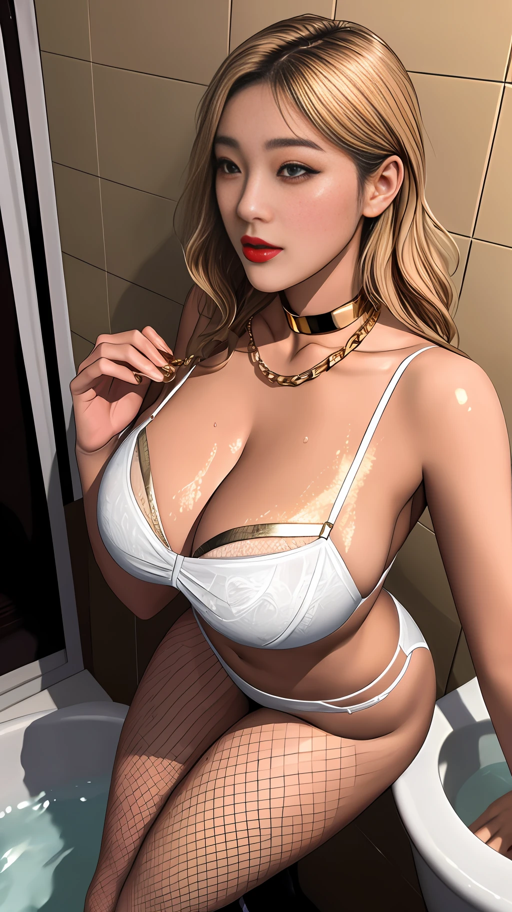 huge boob,Best picture quality,busty figure,Lieyang red lips,Exquisite facial features,Korean sexy beauty,Wearing white erotic lingerie,Wearing black silk fishnet socks,Wearing a gold chain on his hand,With a collar around the neck,,Wavy blonde,Get wet,high high quality,best qualtiy,Bathe in the bathroom