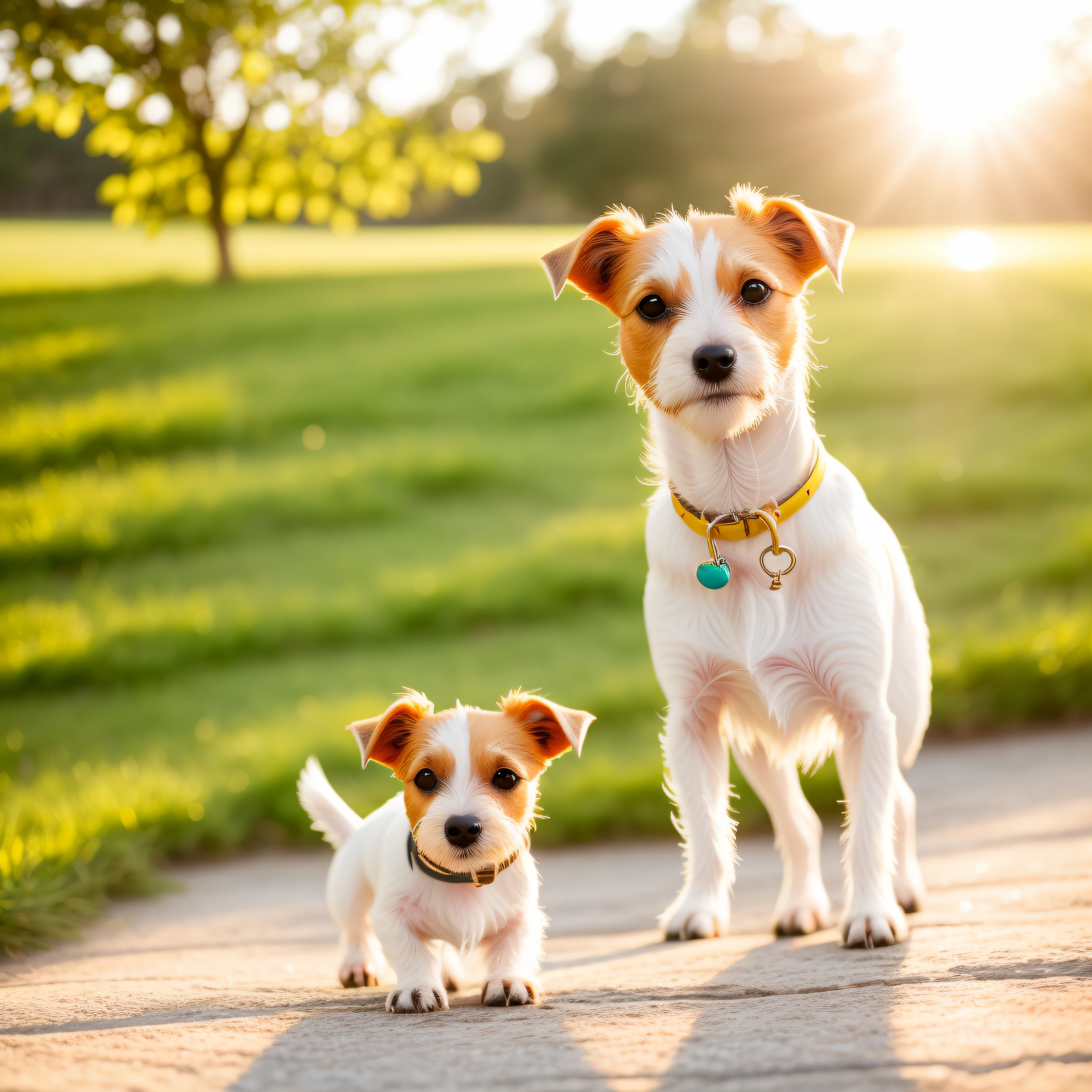Introduction and introduction of the main character, a small and adorable jack russell terrier dog, warm sunlight