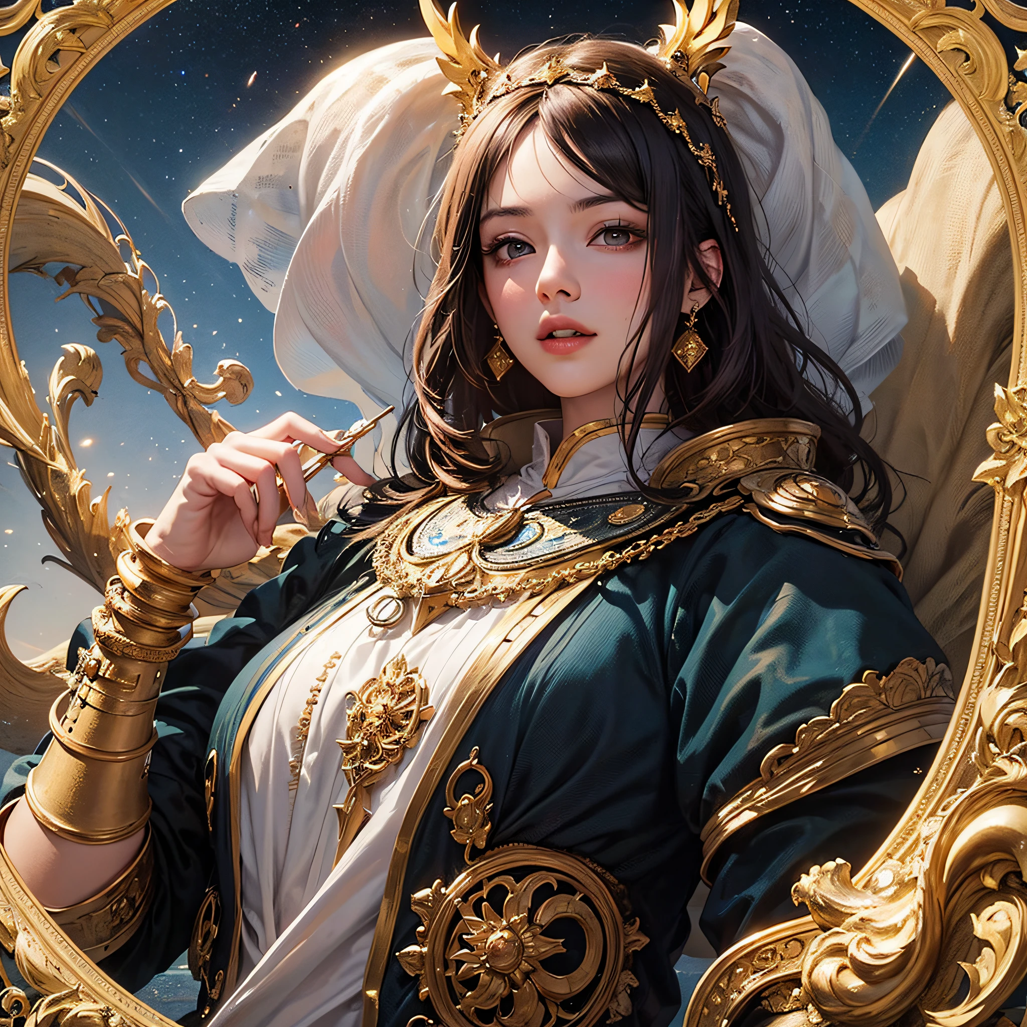 1 woman（（Upper body selfie，cheerfulness）），tmasterpiece，Best quality at best，ultra - detailed，独奏，Cosmic clock, Endless billions of years, Countless calenders, Core rhythm, Book the season, time, Punctuality princess, Rhythmic recordings, Time lady