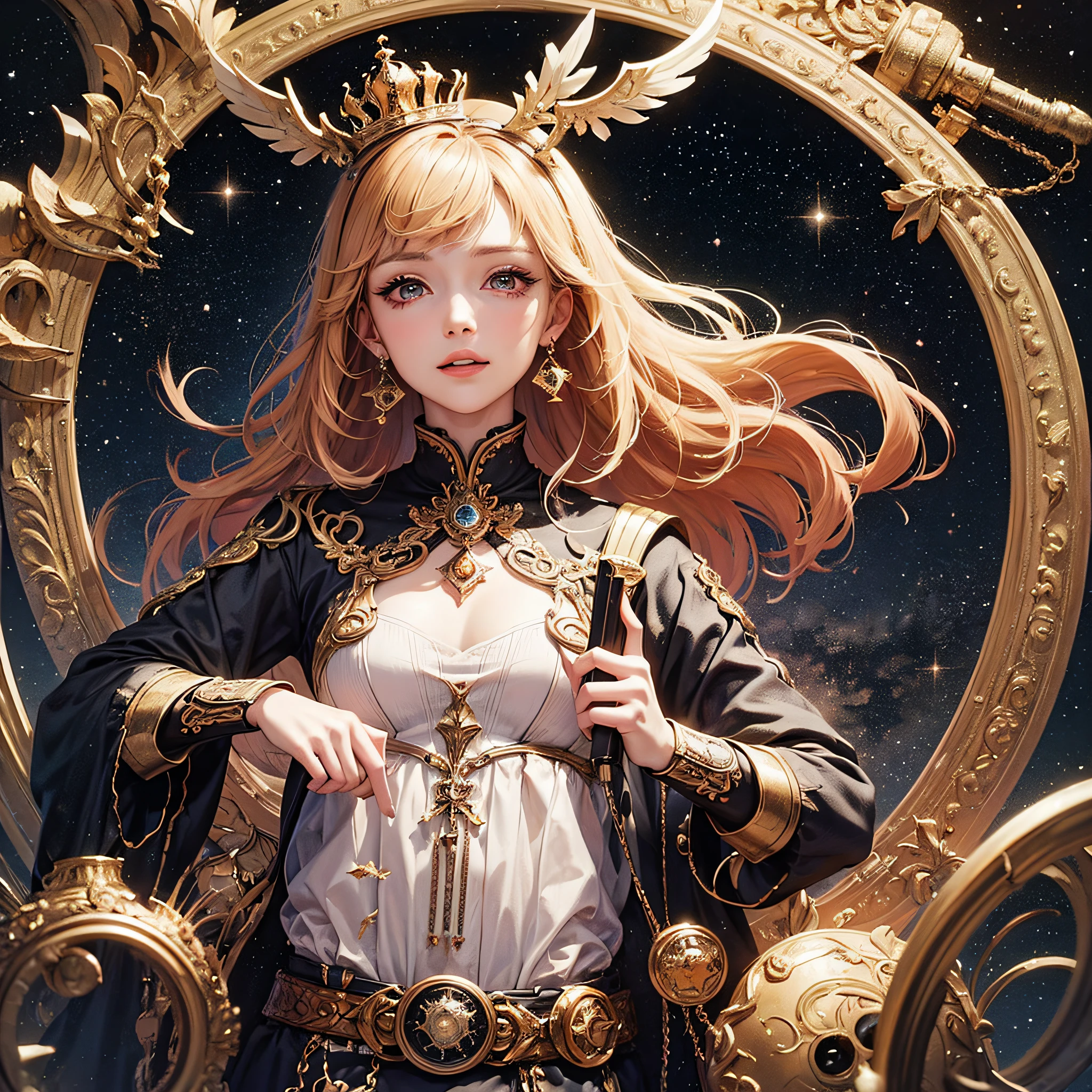 1 woman((Upper body selfie,cheerfulness)),tmasterpiece,Best quality at best,ultra - detailed,独奏,Cosmic clock, Endless billions of years, Countless calenders, Core rhythm, Book the season, time, Punctuality princess, Rhythmic recordings, Time lady