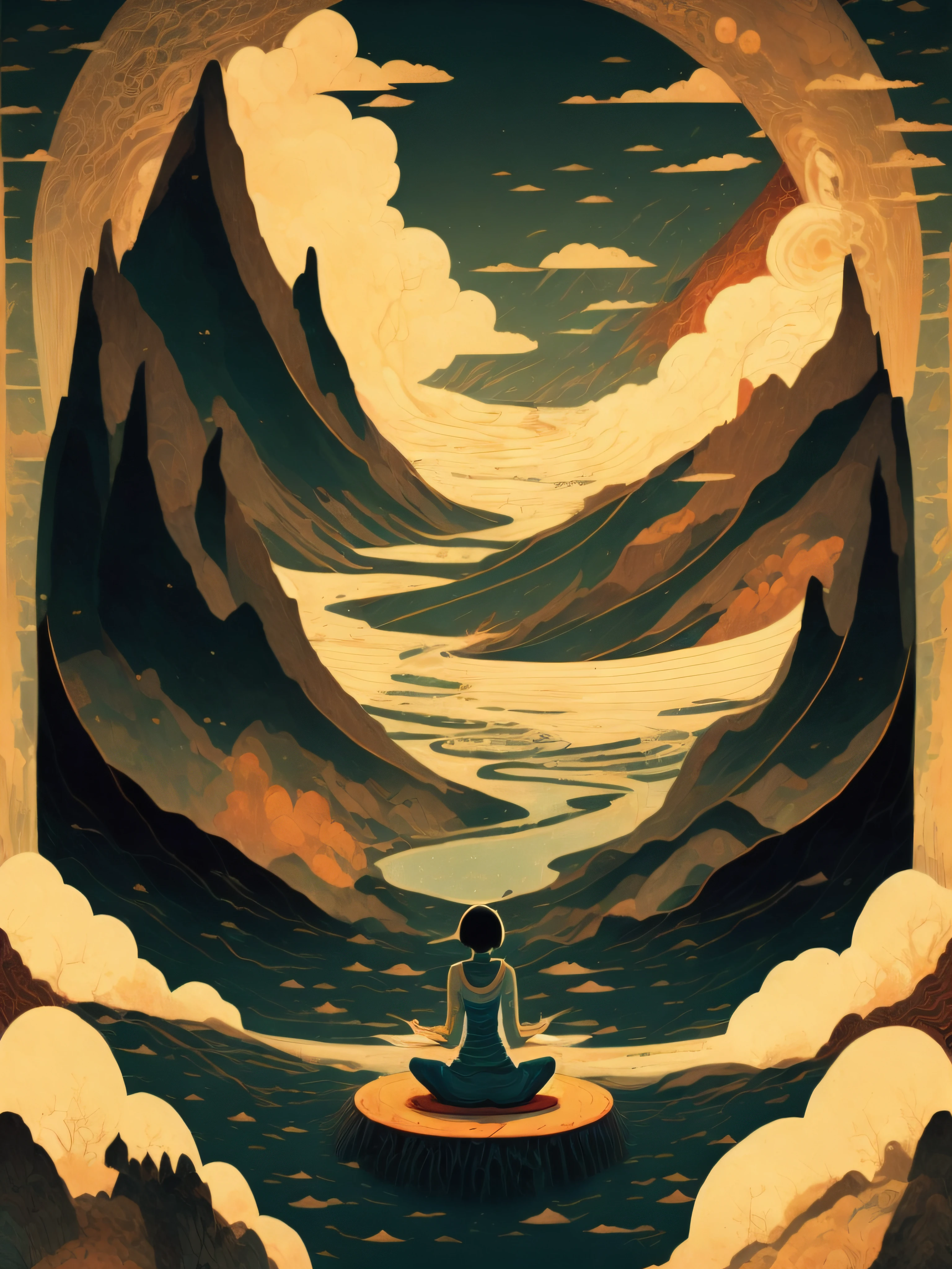 a painting of a woman meditating in front of a mountain with a river running through it by Victo Ngai, minimalist, Simple scenario and no details