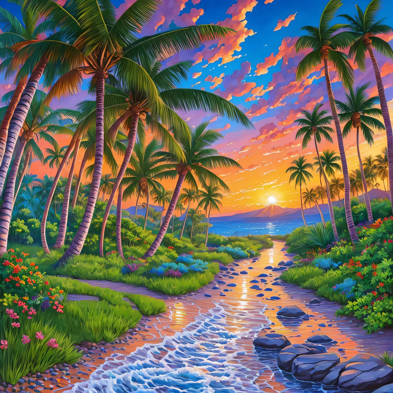 A stunning oil painting portraying Paradise Beach, bathed in crystal clear waters on a remote and untouched island. The environment is surrounded by swaying palm trees, providing a serene and tranquil atmosphere. The lighting under a golden and shining sun enhances the natural beauty of the scenery. The artwork is created by the talented artist Tomás Sánchez in the style of Magical Realism, giving the landscape a touch of enchantment and mystery. The soft shades of blue and green add a serene and paradisiacal aspect to the painting. The digital art in high resolution ensures impressive details, allowing the observer to immerse themselves in this tropical paradise. --auto