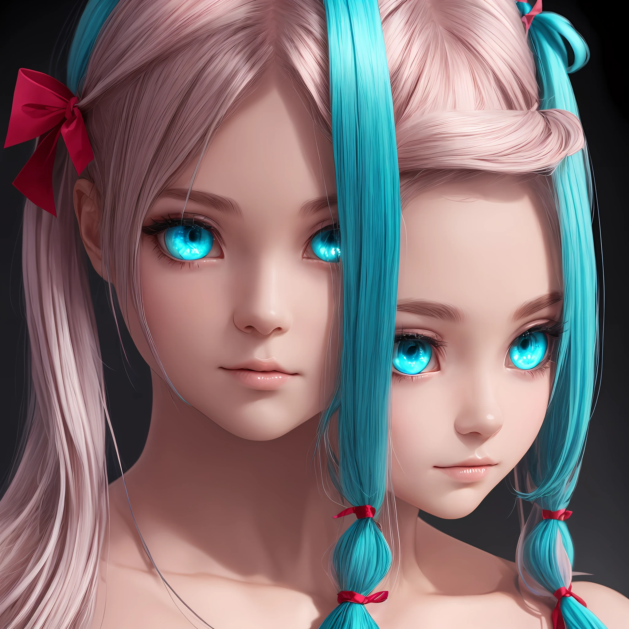 gradient hair, twintails, ribbon, aqua eyes, gradient eyes, Surrealism, chiaroscuro, 8k, super detail, UHD, ccurate, textured skin, super detail, high details, high quality, best quality, 16k --auto