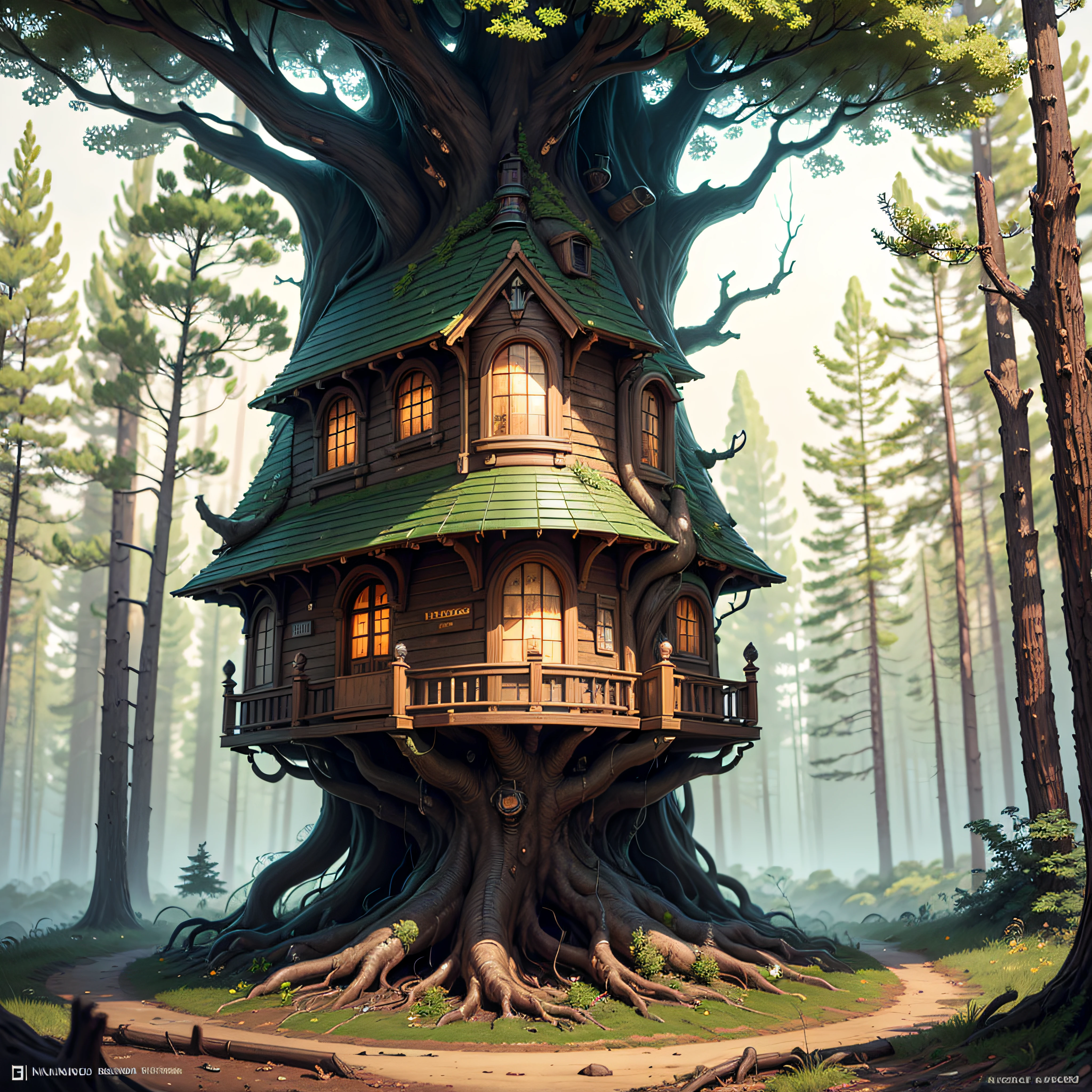 high detailed tree with a steampunk house evolved in the roots at the bottom, with high detailed steampunk objects, high detailed textures of leather, iron, gold, dark and mystical style --auto