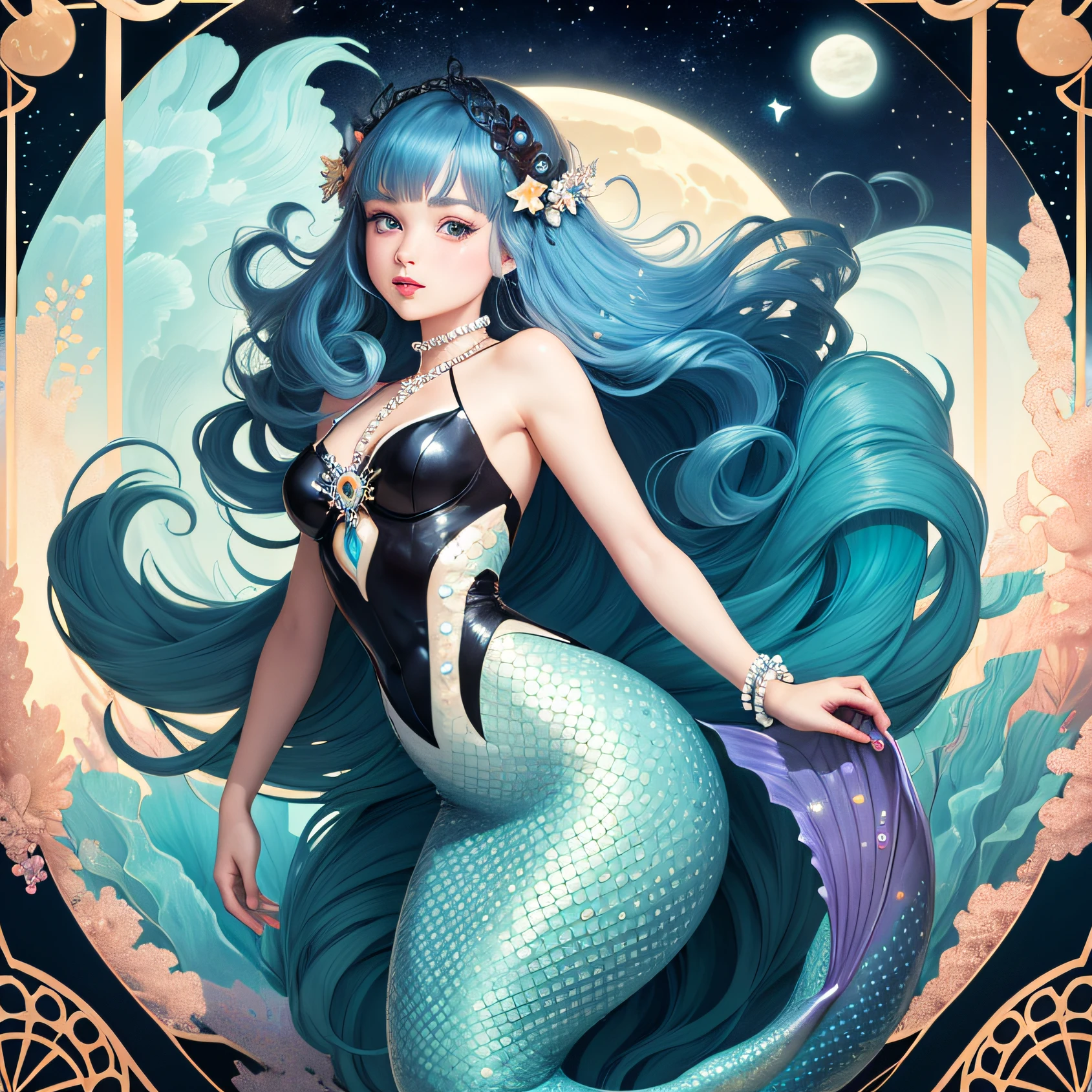 flowers fairy girl on a tarot card art deco style background with moons and stars around beautiful hair and bangs and pearls mermaid underwater theme with blue hair and black eyes young face anime style