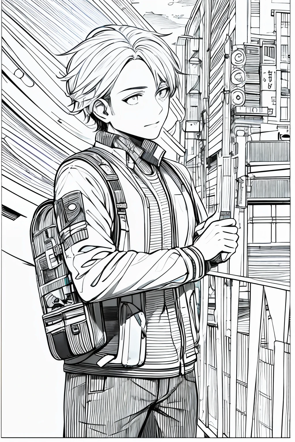 obra-prima, melhor qualidade, 1 homem, casaco detalhado e estiloso, mochila escolar, cabelo loiro e curto, olhos sazuis, cyberpunk, rua, monocromatic, lineart
