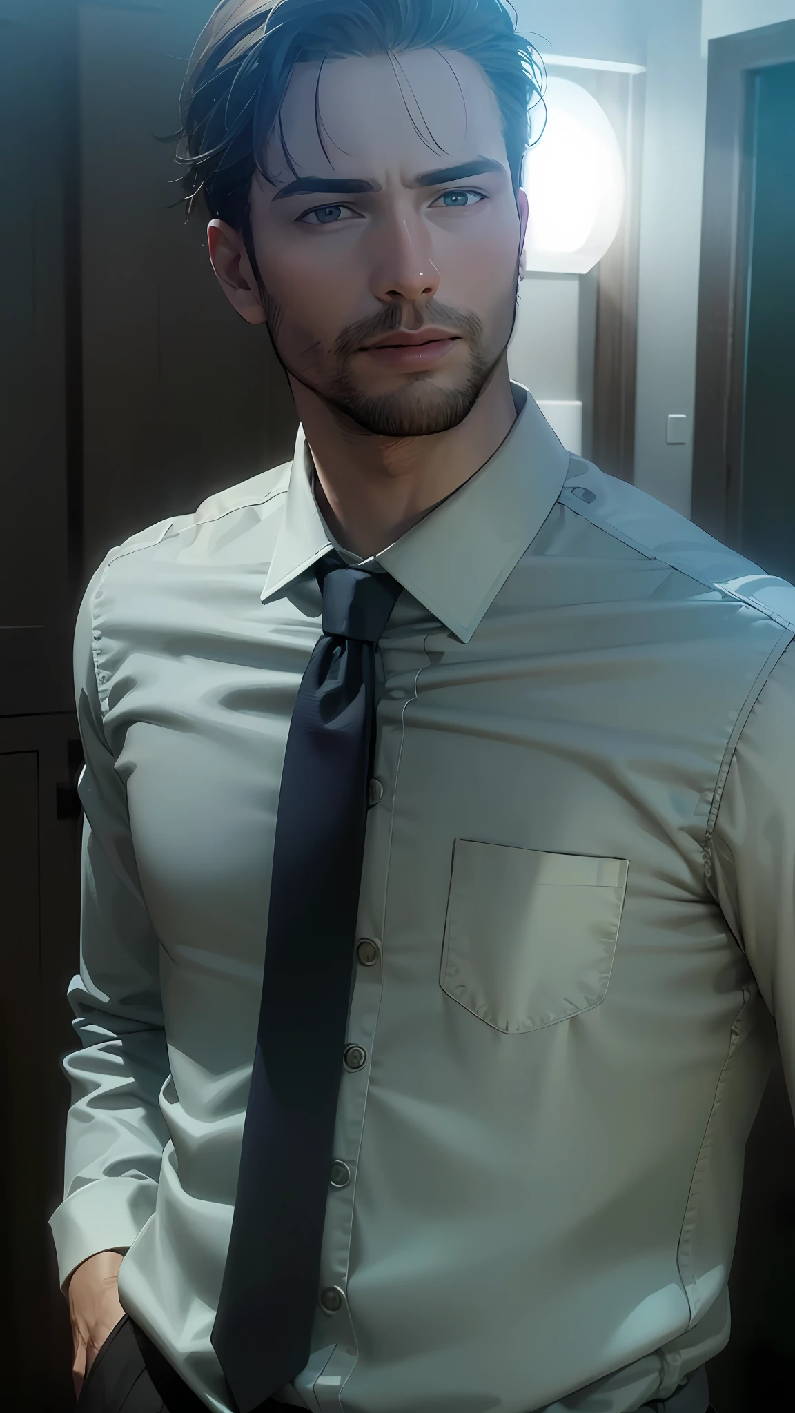 Man in white shirt and tie standing in a room, vestindo uma camisa com gravata, vestindo camisa, realistic soft lighting, highly detailed soft lighting, realistic afternoon lighting, cinematic soft lighting, semi-realistic rendering, camisa social e gravata, cinematic diffuse lighting, detailed cinematic render, Detalhe Ultra Realista, vestindo camisa branca, detailed render