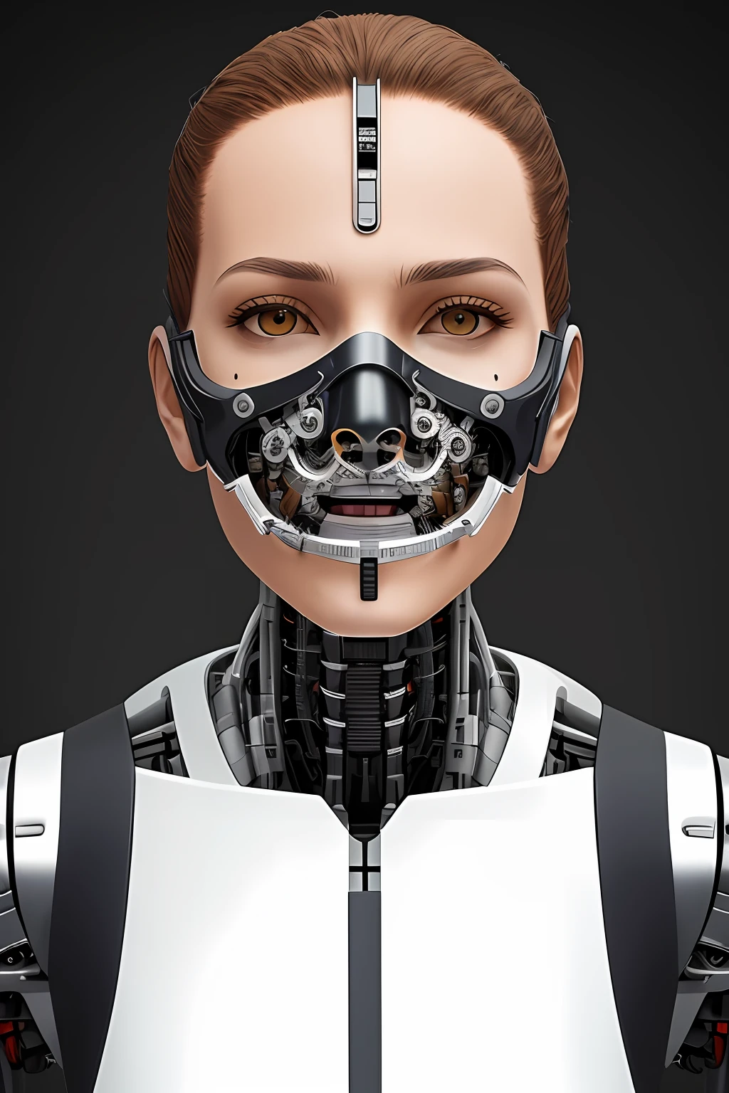 Cyborg cat face |Mechanical forehead,Mechanical cheeks,cat head |Flesh-colored skin |Electronic systems: overhead humanoid robots |The details of the brain are right in front of you |Detailed connecting lines for the face |Biopunk |scybernetic |cyber punk perssonage |Canon M50|100mm|sharp fokus |ultra-realistic realism |The is very detailed|intricately details |Front view |head straight-looking at viewer |1 head per body,face to the viewer,Complex mechanical masks