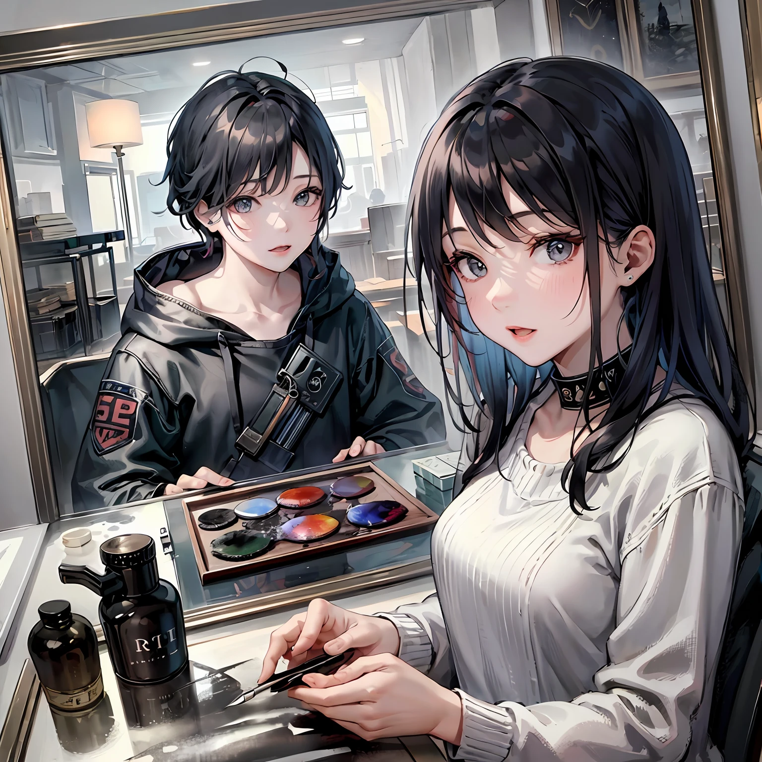 short detailed hair,In the mirror,mouth mask,high and cold,Biye --auto
