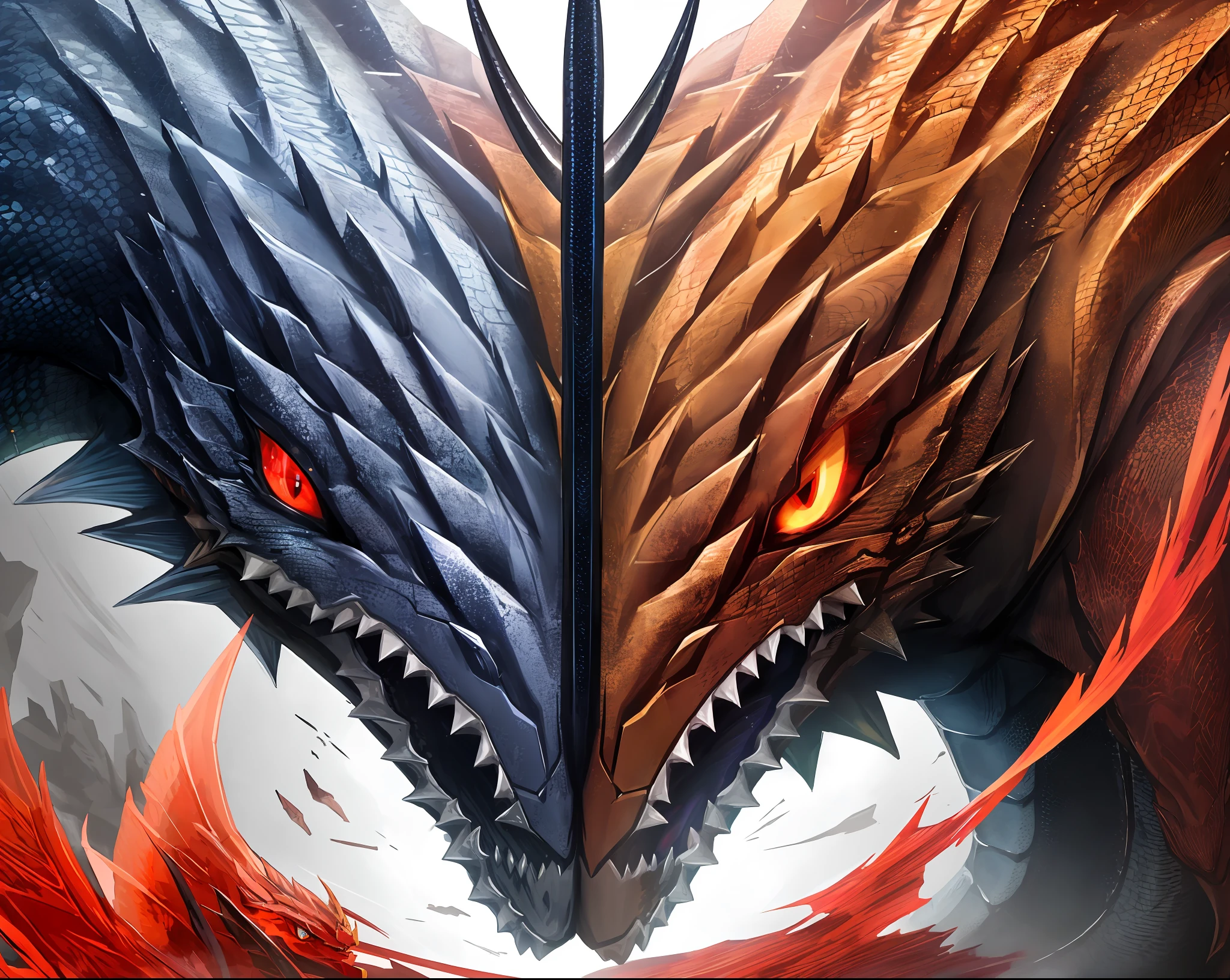drak、dentes pontiagudos、Bigger than the Earth、Sharp eyes、Angular、There are dragon scales、Three heads、Each head and eye is red、The pupils are brown、There are dragon whiskers、Fierce and evil、terroral、The dragon horn turned off、is fighting the ancient giant fish、The background is the devastated earth