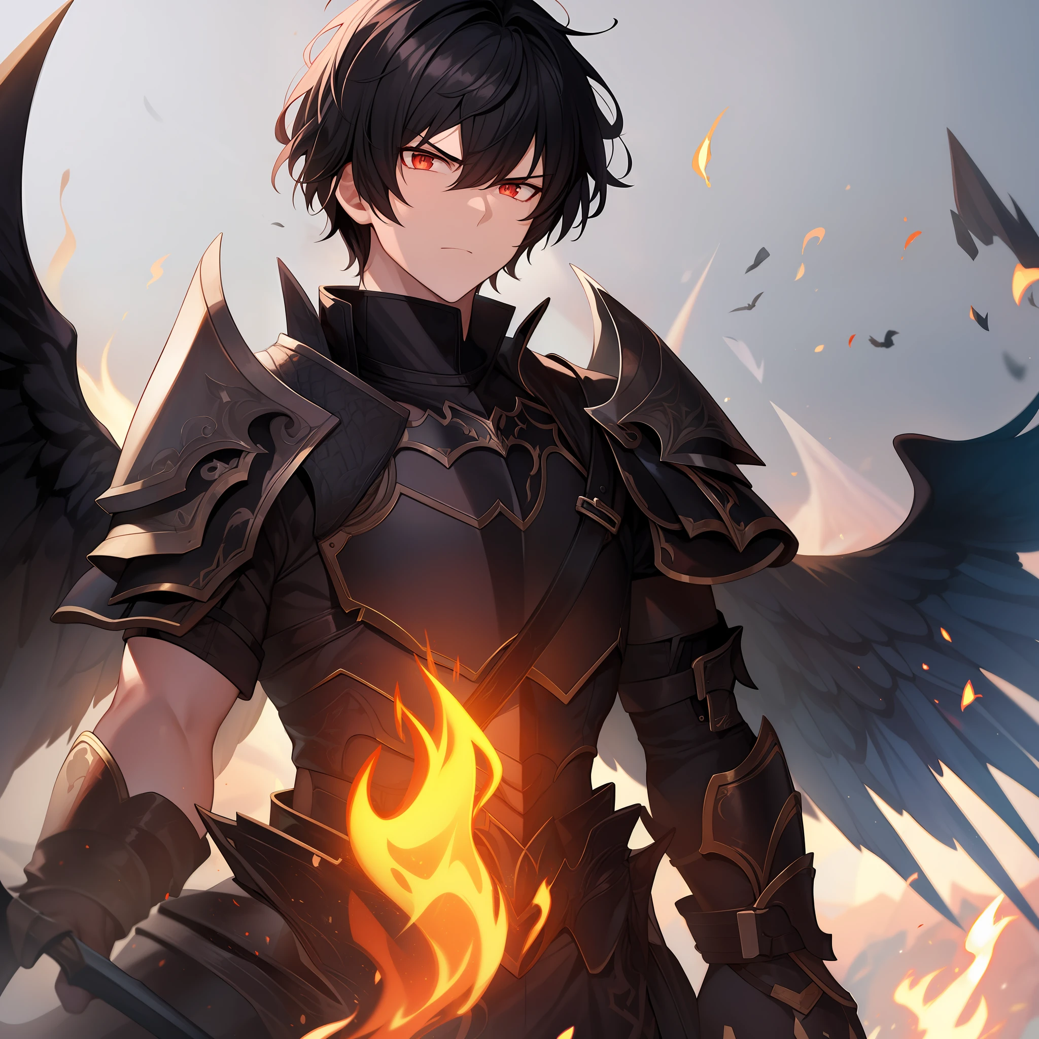 Fallen Angel,male people,1male people,short black hair,large black wings on the back,cool expression,glaring,Holding a flame effect big sword in his left hand,Black armor,full bodyesbian,Bold poses,high-level image quality,hight resolution,8K,